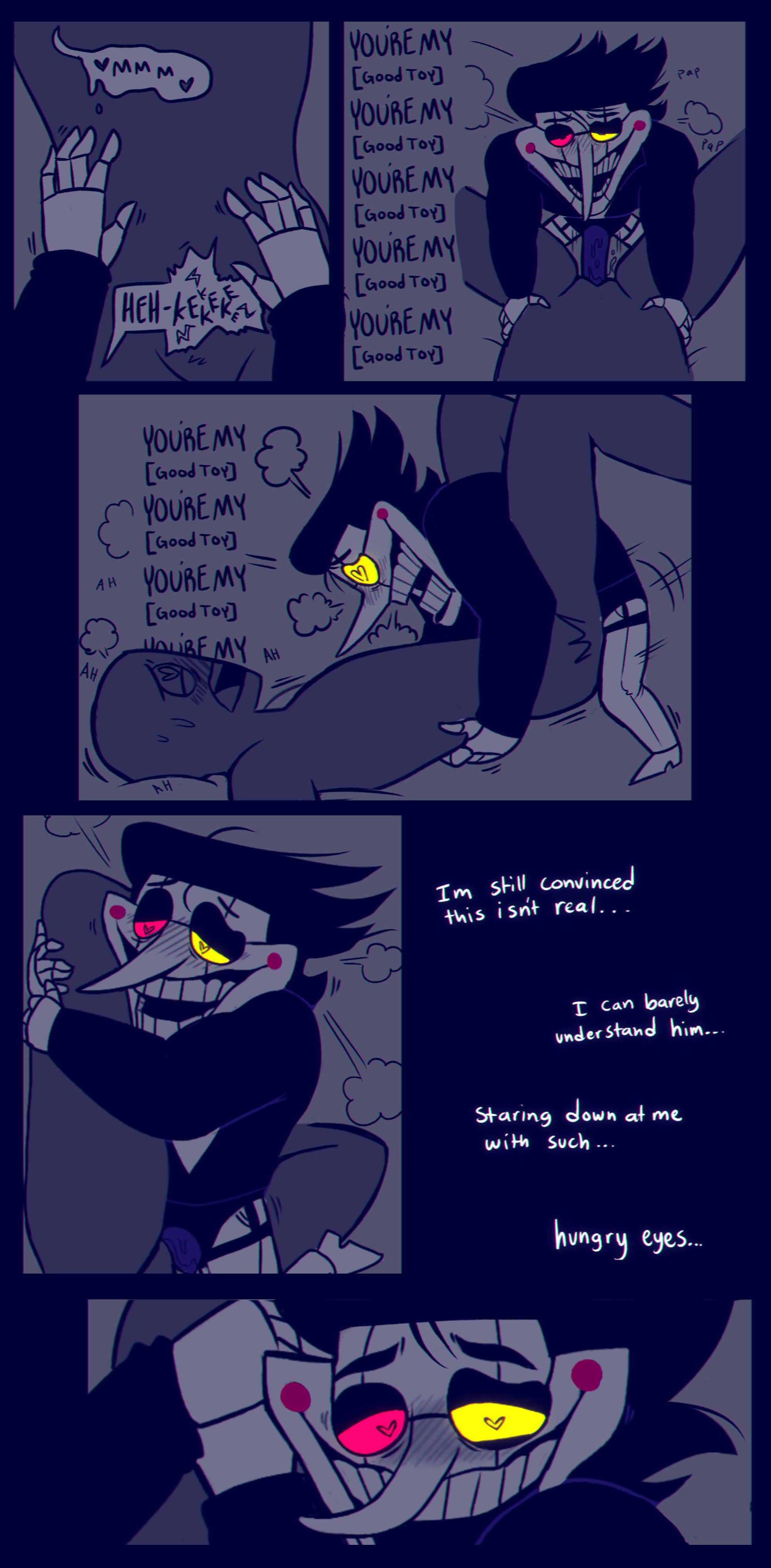 anonymous female, artist request, comic, comic page, deltarune, deltarune chapter 2, english dialogue, english text, female, garter straps, hands on legs, inanimate, larger female, leg grab, male, missionary position, puppet, pussy, self insert, small dom big sub, smaller male, source request, spamton g spamton, strap-on, strapon, vaginal penetration, vvondermoon, y/n