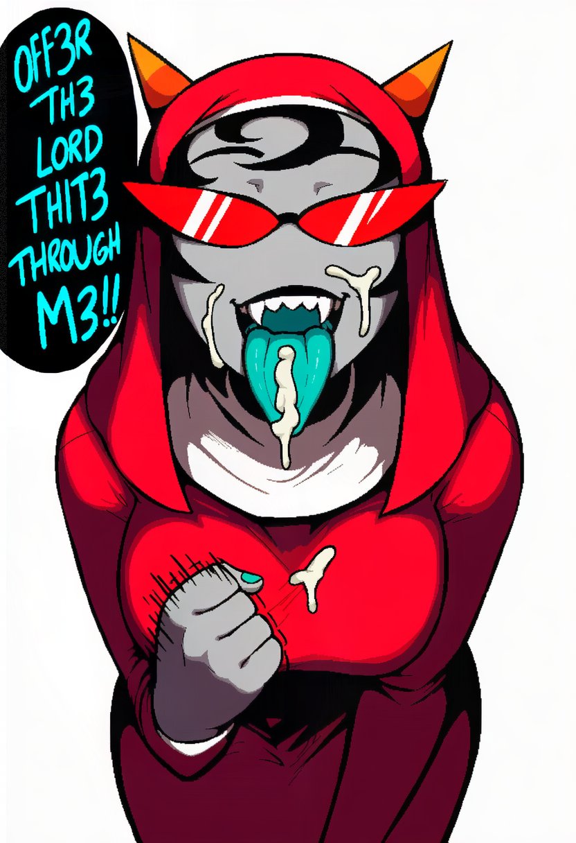 1girls, ai generated, bukkake, cum, d, english text, female, glasses, grey skin, homestuck, homestuck troll, jerk off instructions, jerk off motion, kokenaart, nun, nun outfit, red eyes, red glasses, solo, terezi pyrope, tongue out