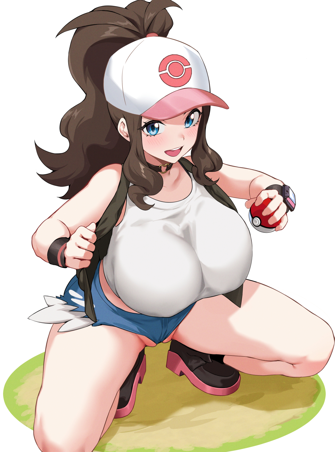 1girls, black vest, blue eyes, blue shorts, blush, breasts, brown hair, cutoffs, denim, denim shorts, female, female only, hat, high ponytail, highres, hilda (pokemon), jirusu, large breasts, long hair, looking at viewer, nintendo, open mouth, pokemon, pokemon bw, ponytail, shorts, sidelocks, smile, solo, squatting, tank top, thighs, vest, white hat, white tank top, wristband