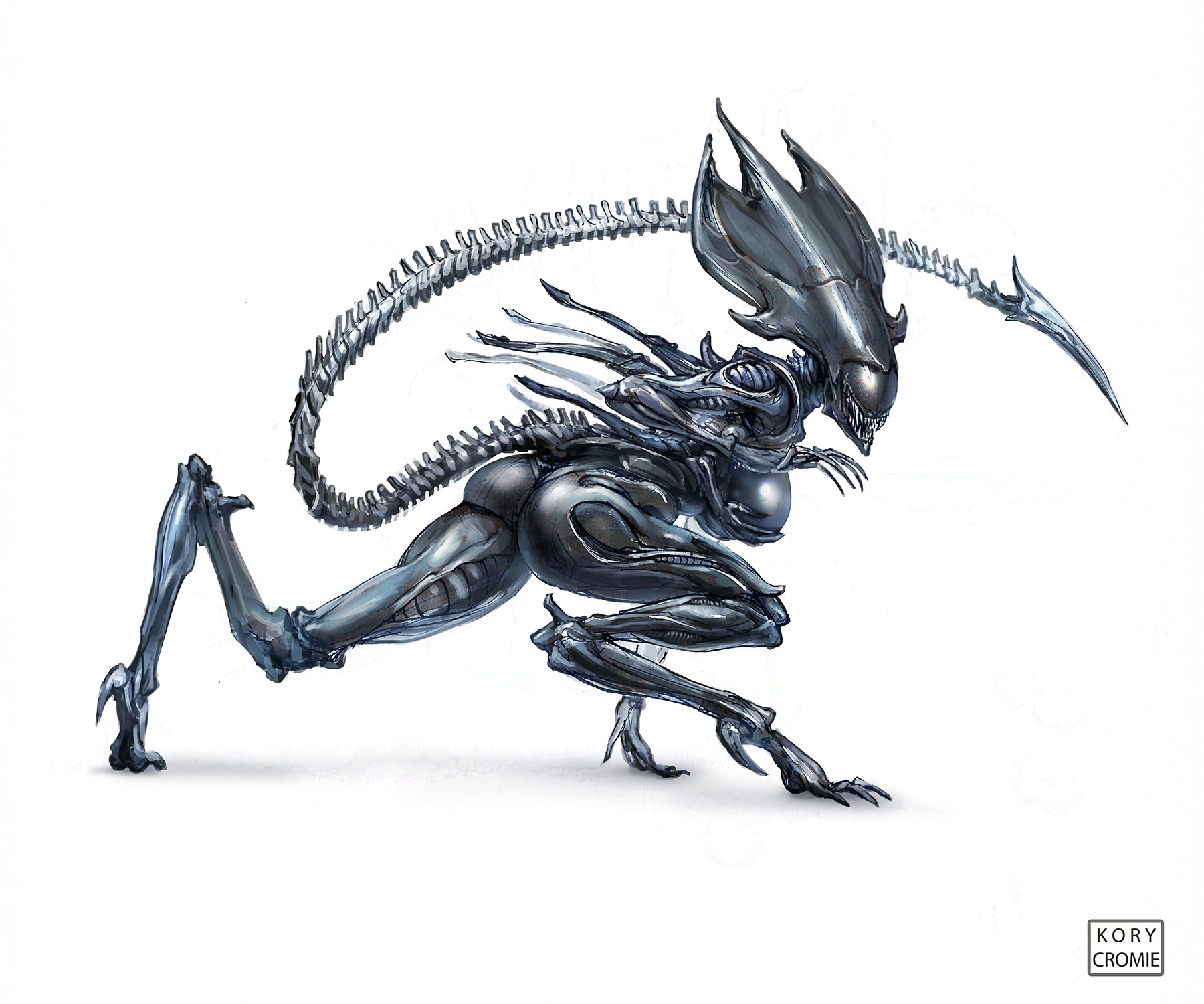 1girls, 2d, alien, alien (franchise), alien girl, ass, ass focus, back view, big ass, big breasts, breasts, exoskeleton, female, female only, female xenomorph, femomorph, kory cromie, long tail, solo, solo female, tail, thick thighs, thighs, watermark, xenomorph, xenomorph queen, xenomorph tail