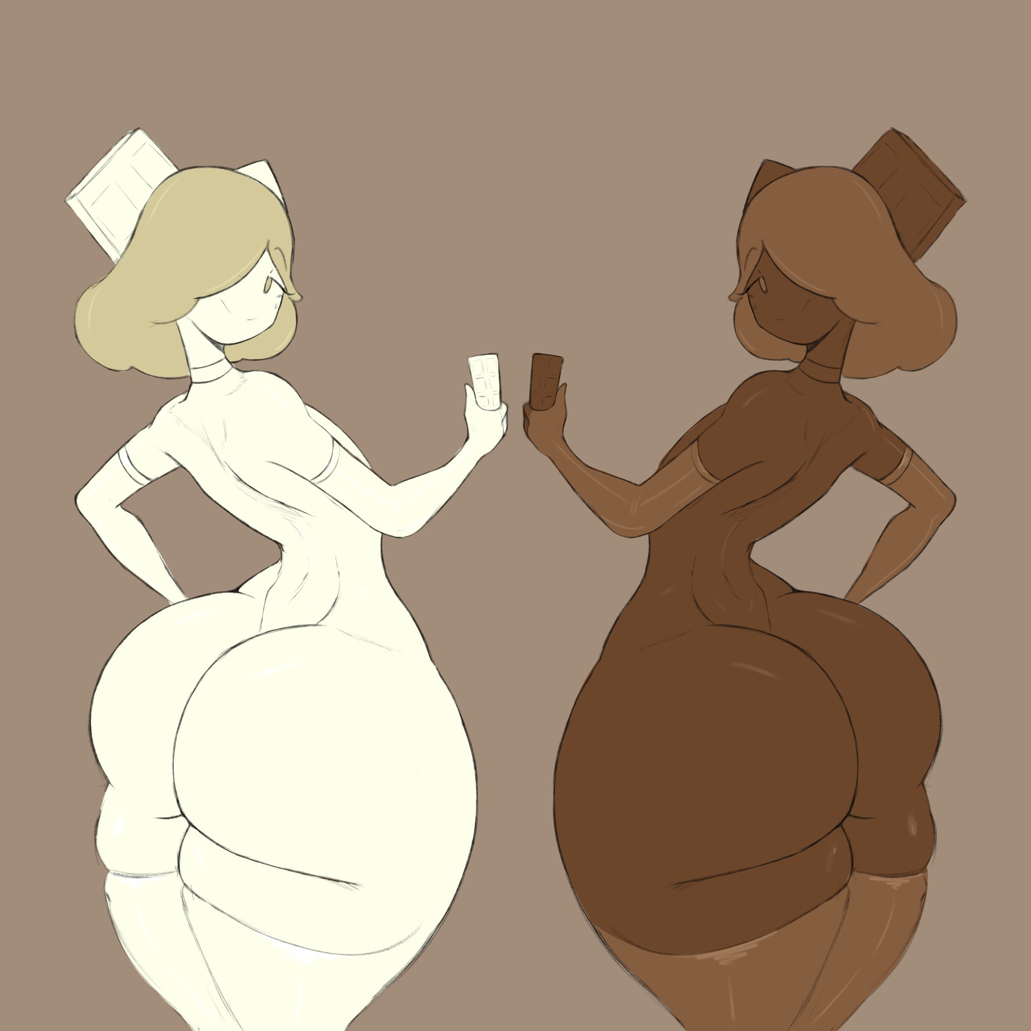 2girls, arm sleeves, bottom heavy, chocolate, chocolate bar, choker, collar, elbow gloves, fat ass, female, flat chest, hair covering eye, hair over one eye, megamor, oc, ornament, short hair, simple background, smile, smiling, stockings, true flat chest, white chocolate