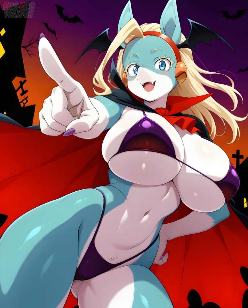 ai generated, bare thighs, bikini, blonde hair, blue body, blue eyes, blue fur, boku no hero academia, breasts, eroero waifus, female, fur, furry, furry ears, furry female, gigantic breasts, halloween, huge breasts, huge thighs, ippan josei, looking down, low-angle view, massive breasts, my hero academia, smiling, solo anthro, squatting, sweat, sweatdrop, thick body, thick female, thick thighs, thighs, vampire, vampire girl, voluptuous, voluptuous female
