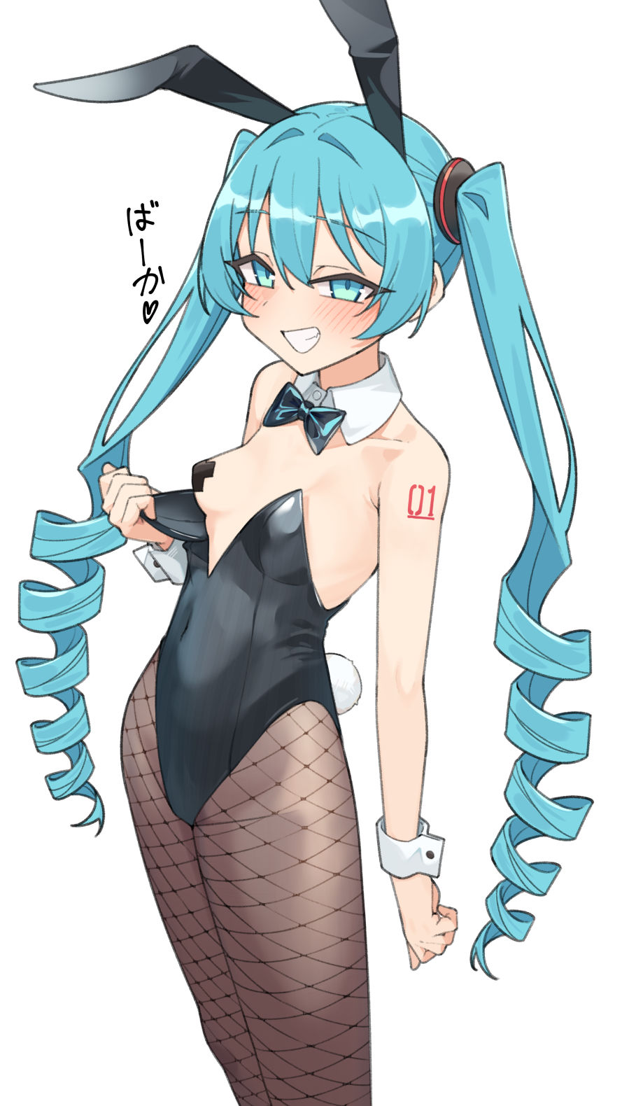 1girl, 1girls, animal ears, aqua eyes, aqua hair, bangs, bare shoulders, black bow, black bowtie, black leotard, blush, bow, bowtie, breasts, brown pantyhose, bunny ears, bunny tail, bunnysuit, clothes pull, covered navel, cowboy shot, cross pasties, detached collar, drill hair, fake animal ears, female, female only, fishnet pantyhose, fishnets, fully clothed, grin, gukr4322, hair between eyes, hatsune miku, leotard, long hair, looking at viewer, medium breasts, number tattoo, one breast out, pantyhose, pasties, playboy bunny, rabbit ears, rabbit tail, simple background, small breasts, smile, solo, strapless, strapless leotard, tail, tattoo, twintails, very long hair, vocaloid, white background, wrist cuffs, x pasties