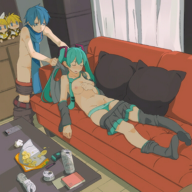 1boy 1girls alcohol autlaws background beer beer_can beige_skin black_legwear black_thighhighs blood blue_eyes blue_hair bow bow_panties breasts can cellphone chips color couch detached_sleeves drunk food green_panties hatsune_miku kagamine_len kagamine_rin kaito_(vocaloid) legs long_hair lying miniskirt necktie nipples nosebleed on_back panties panty_pull phone pillow plush rape scarf skirt skirt_pull sleep_molestation sleep_sex sleeping smile snack somnophilia striped striped_panties thighhighs thighhighs_pull topless underwear undressing vocaloid