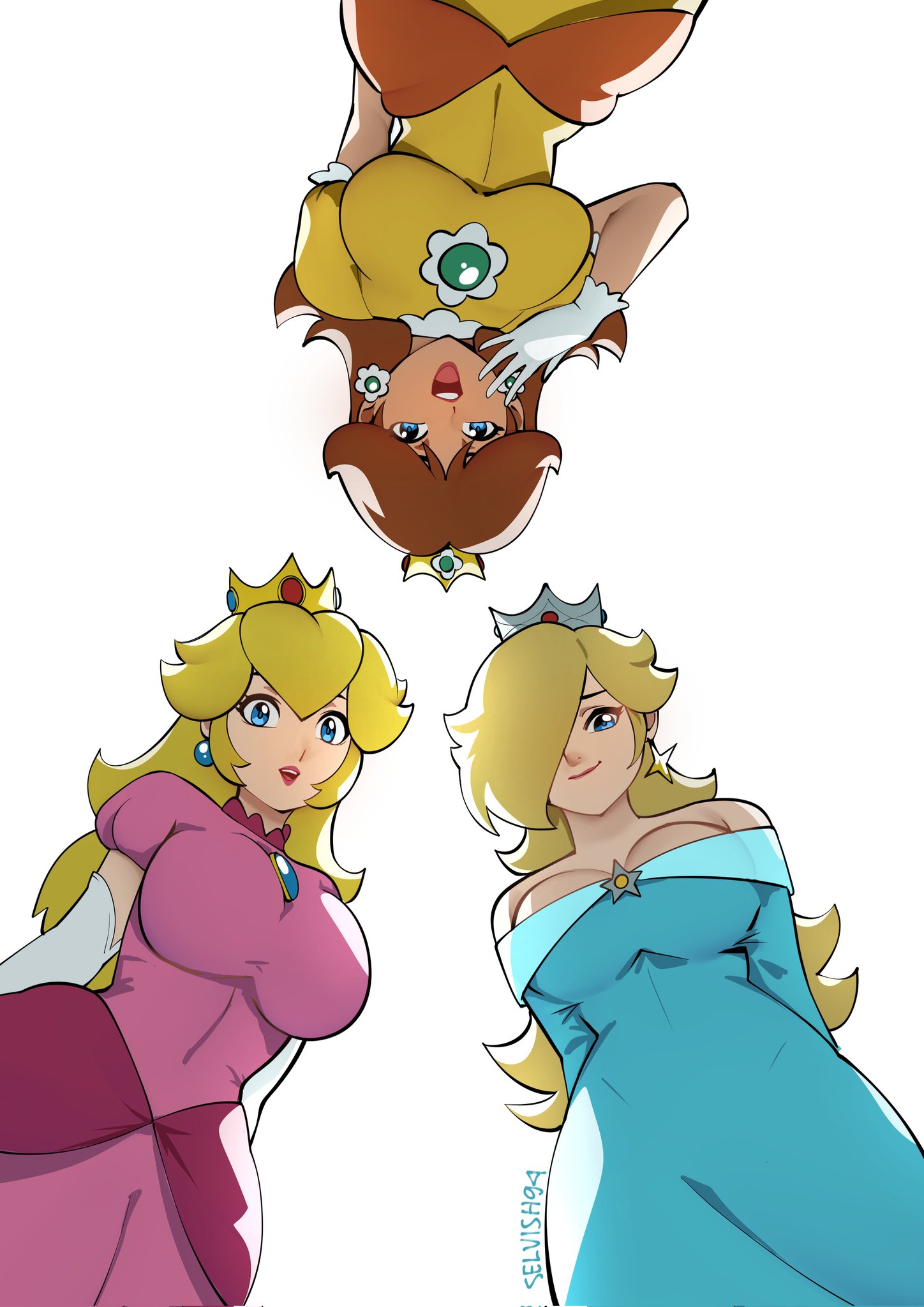 3girls, arms behind back, artist name, bare shoulders, blonde hair, blue dress, blue earrings, blue eyes, breasts, brown hair, cleavage, closed mouth, clothing, crown, dress, earrings, elbow gloves, female, female only, flower earrings, gloves, gold crown, hair covering eye, large breasts, long dress, long gloves, long hair, looking at viewer, looking down, mario (series), nintendo, open mouth, orange dress, pink dress, princess, princess daisy, princess dress, princess peach, princess rosalina, selvish94, short gloves, short hair, silver crown, simple background, strapless, strapless dress, tongue, white background, white elbow gloves, white gloves, white long gloves