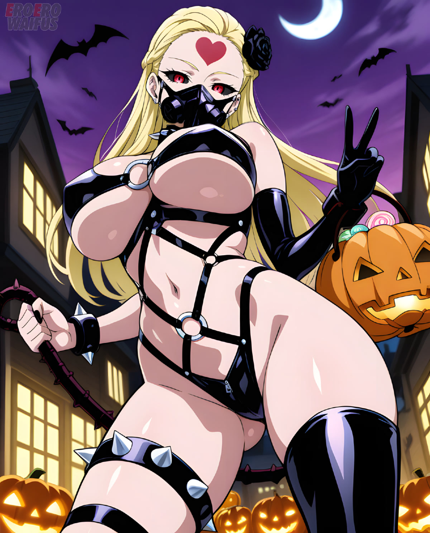 ai generated, bare thighs, big breasts, black eyes, blonde hair, breasts, eroero waifus, female, halloween, huge breasts, huge thighs, kaijin hime do-s, light skin, light-skinned female, long hair, masked female, massive breasts, monster girl, one-punch man, red pupils, seductive look, solo female, squatting, sweat, sweatdrop, thick body, thick female, thick thighs, thighs, voluptuous, voluptuous female