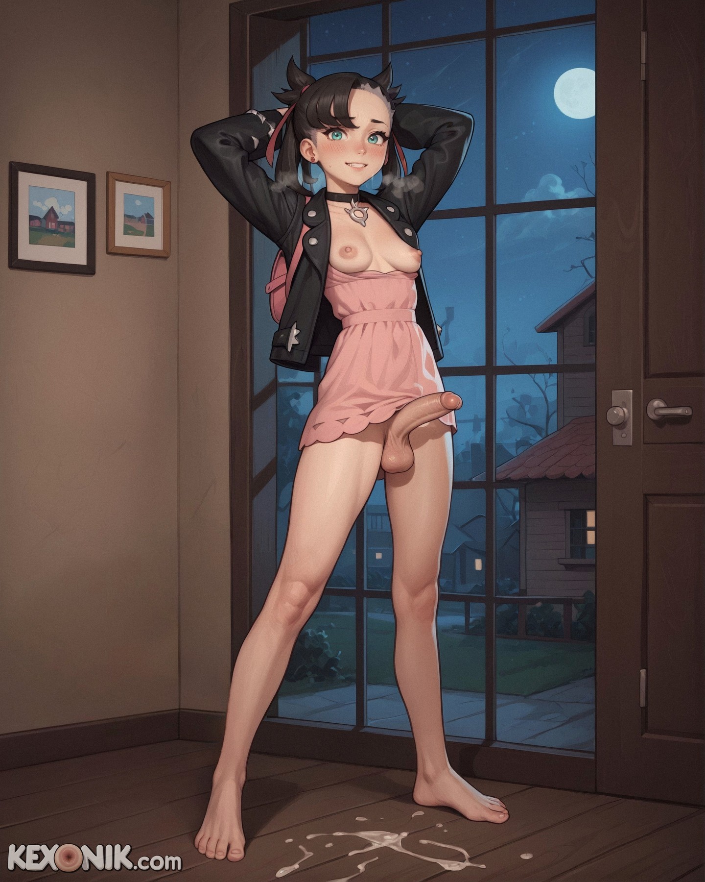 1futa, ai generated, aqua eyes, arms behind back, asymmetrical bangs, asymmetrical hair, backpack, balls, big nipples, black hair, black jacket, blush, breasts, cock, cum on face, darkness, dick, dickgirl, futa only, futanari, game freak, hair ribbon, heavy breathing, huge ass, huge testicles, indoors, intersex, kexonik, legs apart, long hair, long legs, long sleeves, marnie (pokemon), narrow waist, nervous, night, nintendo, open clothes, penis, petite, petite body, pink dress, pokemon, pokemon ss, puffy nipples, sagging breasts, scrotum, side view, skinny, slim, small breasts, smile, solo, standing, stretching, testicles, tiptoes, twintails