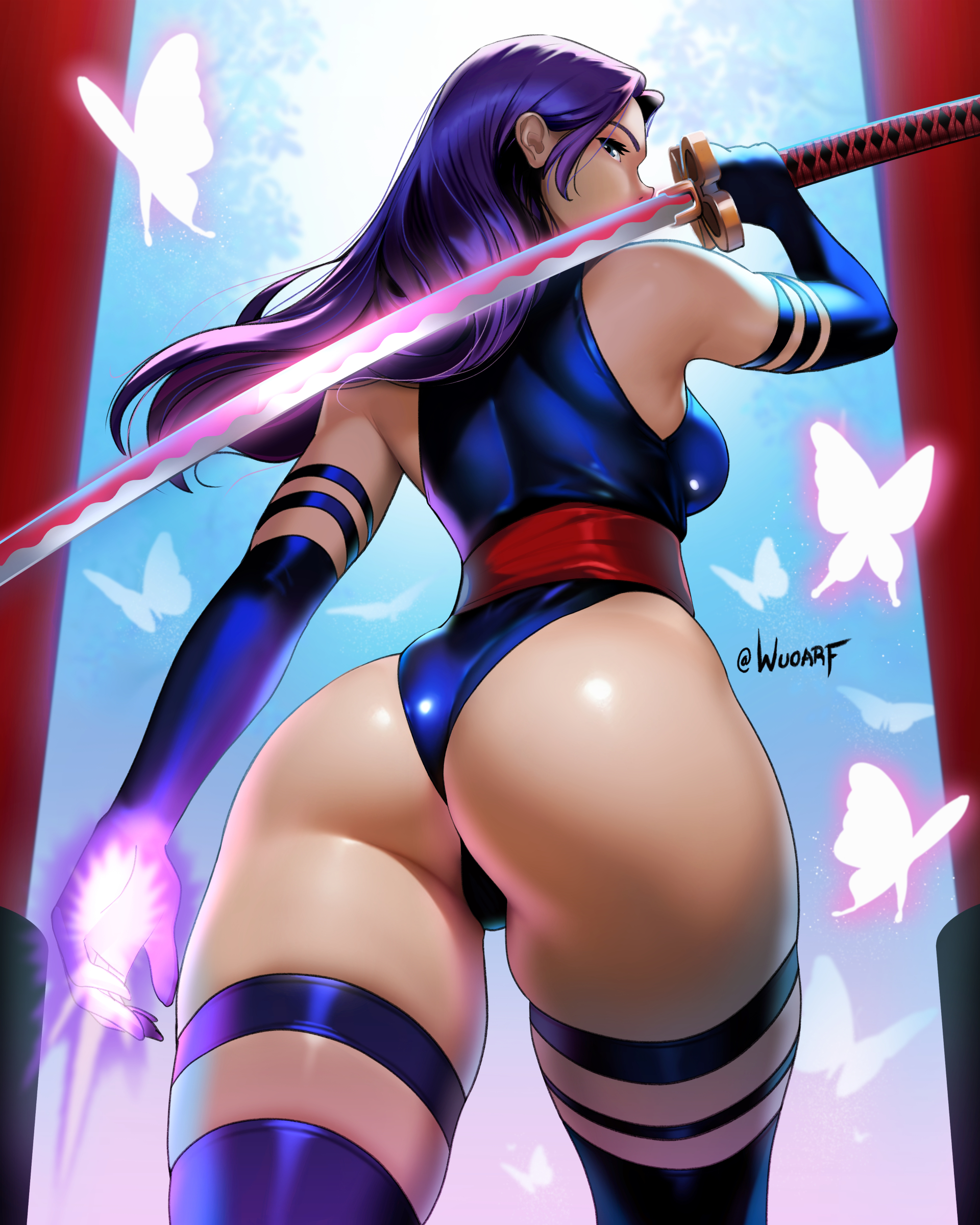 1girls, absurdres, arm strap, artist name, ass, back, blue eyes, blue sky, breasts, bug, butterfly, curvy, elbow gloves, female, female only, from below, gloves, glowing butterfly, highleg, highleg leotard, highres, holding, holding sword, holding weapon, huge ass, insects, katana, large breasts, leotard, long hair, looking at viewer, marvel, marvel comics, psylocke (kwannon), purple hair, purple thighhighs, shiny skin, shrine, sky, sleeveless, sleeveless turtleneck, solo, standing, swept bangs, sword, thigh strap, thighhighs, thighs, thong leotard, turtleneck, weapon, wide hips, wuoarf, x-men