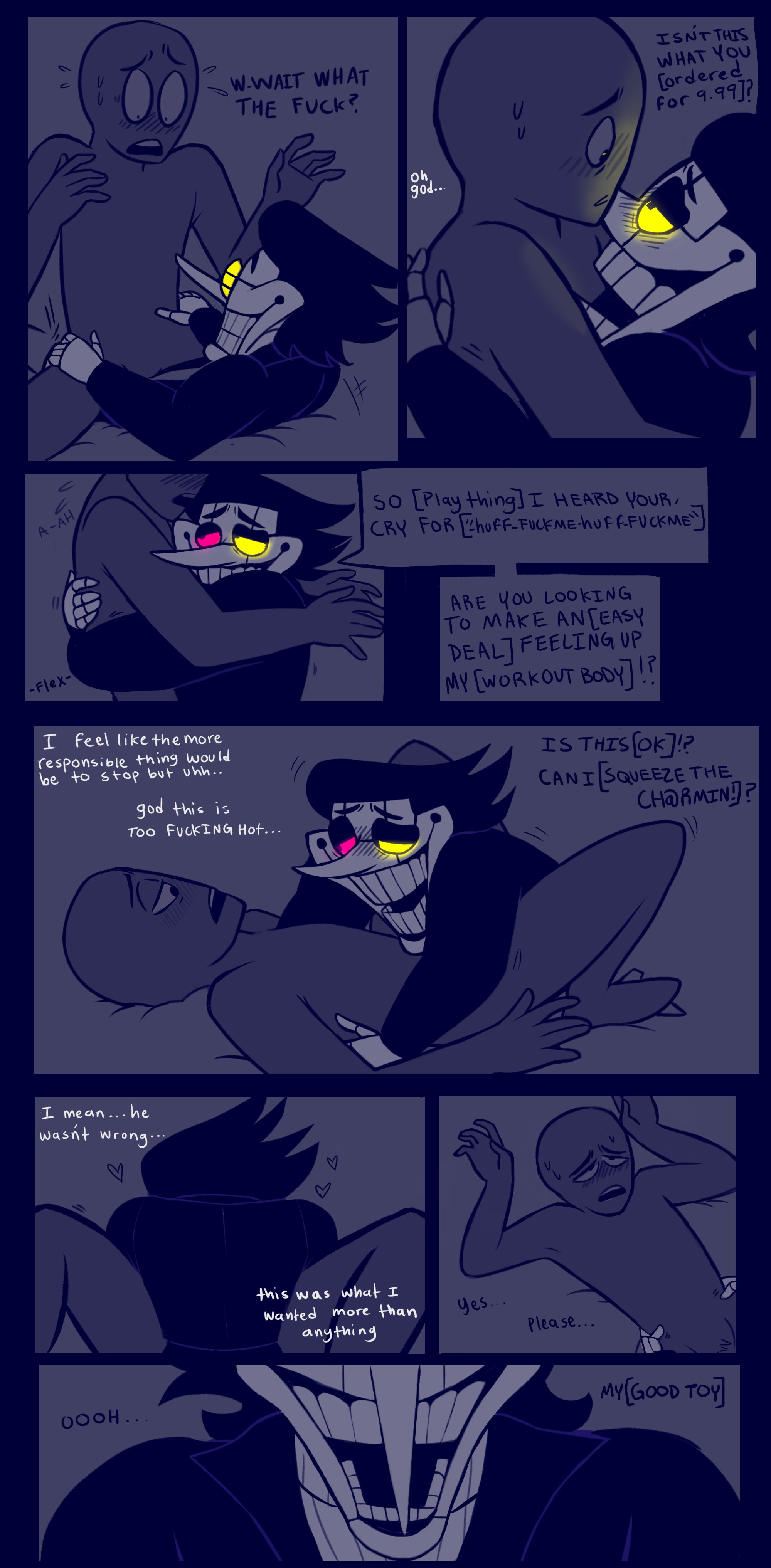 anonymous female, artist request, comic, comic page, deltarune, deltarune chapter 2, english dialogue, english text, female, garter straps, inanimate, larger female, male, missionary position, penis, puppet, pussy, riding, riding dildo, riding penis, self insert, small dom big sub, smaller male, source request, spamton g spamton, strap-on, strapon, vaginal penetration, vvondermoon, y/n