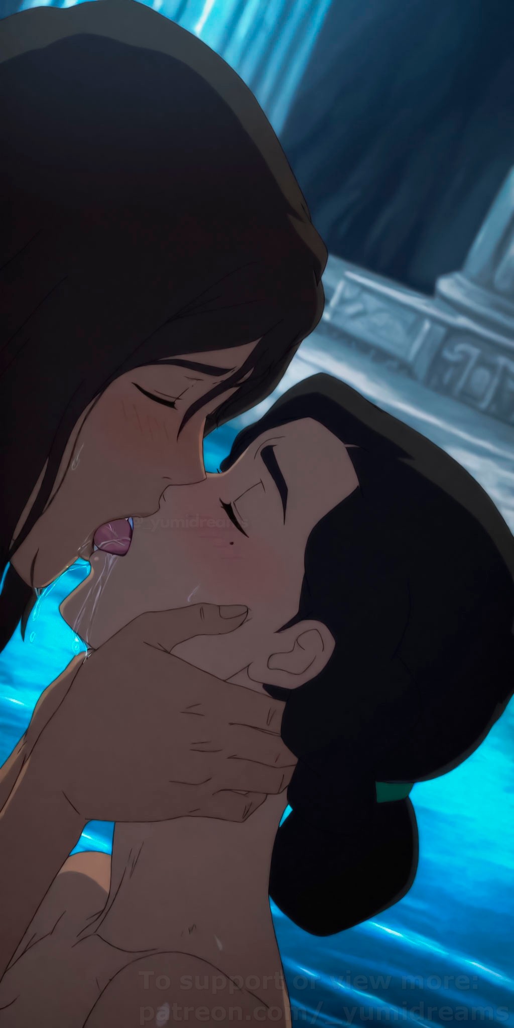 yumidreams, 2girls, ai generated, avatar legends, blush, brown hair, closed eyes, collarbone, dark-skinned female, face grab, female, french kiss, french kissing, hair bun, high resolution, interracial, korra, kuvira, lesbian couple, lesbian focus, lesbian kiss, mole, nude, nude female, on water, partially submerged, patreon username, saliva, saliva drip, saliva string, saliva trail, short hair, swimming, the legend of korra, tied hair, tongue, tongue out, watermark, wet, wet body, white skinned female, yuri