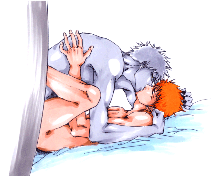 2boys artist_request bleach closed_eyes gay hollow hollow_ichigo ichigo_kurosaki kissing male male_only selfcest short_hair yaoi zangetsu