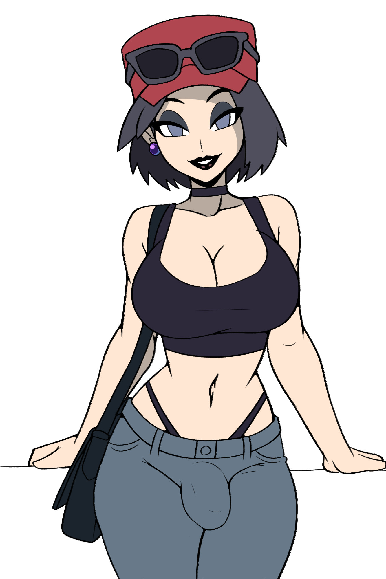 1futa, bag, big breasts, black choker, black eyeshadow, black hair, blue eyes, bob cut, breasts, bulge, bulge through clothing, bulge under clothes, calem (pokemon), choker, cleavage, crop top, curvy, curvy figure, dickgirl, earrings, eyebrows, eyeshadow, futa only, futanari, game freak, goth, goth futa, hips, iggy-bomb, intersex, jeans, looking at viewer, makeup, navel, nintendo, pokemon, pokemon xy, purse, reclining, rule 63, scantily clad, smile, smiling, smiling at viewer, solo, stomach, sunglasses, sunglasses on head, thick thighs, thin waist, thong, thong straps, trans woman, visible thong, white background