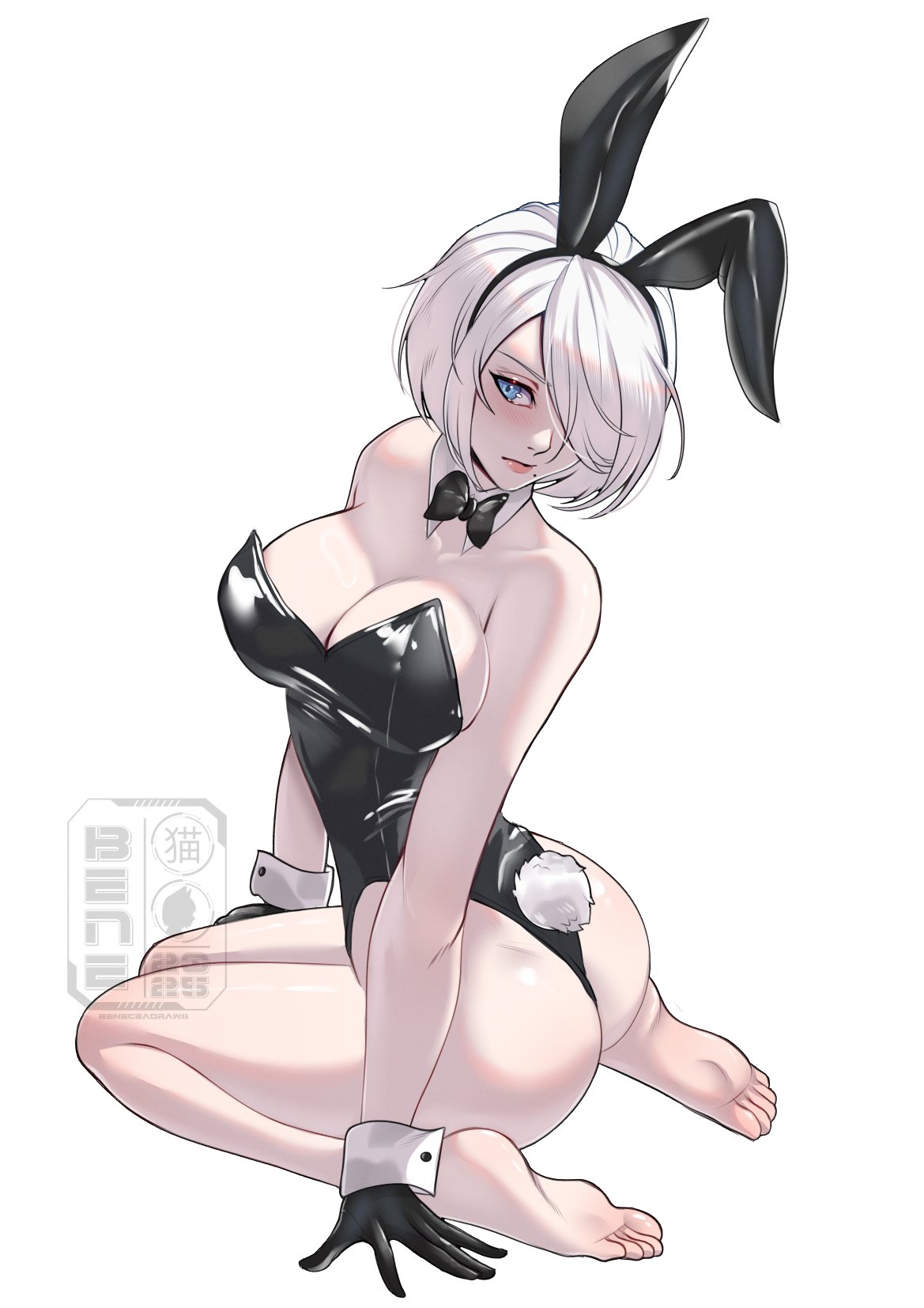 1girls, animal ears, ass, bare shoulders, barefoot, beneceadraws, black bow, black bowtie, black gloves, black leotard, blue eyes, bob cut, bow, bowtie, breasts, commentary, curvy, detached collar, fake tail, feet, female, female only, full body, gloves, hair over one eye, highleg, highleg leotard, highres, huge ass, large breasts, leotard, mole, mole under mouth, nier (series), nier: automata, rabbit ears, rabbit tail, shiny skin, short hair, simple background, sitting, soles, solo, strapless, strapless leotard, swept bangs, tail, thong leotard, toes, wariza, watermark, white background, white hair, wide hips, wrist cuffs, yorha 2b