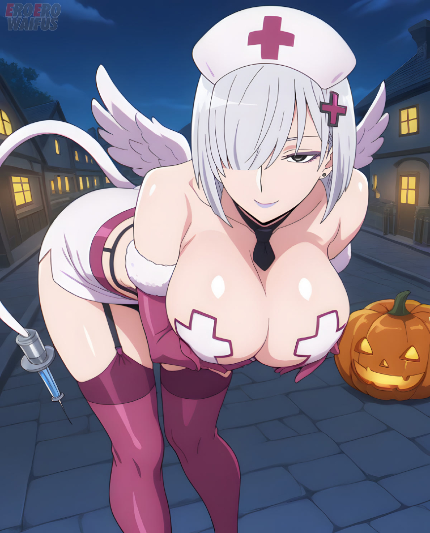 1girls, ai generated, angel wings, bare thighs, big ass, big breasts, big butt, black eyes, breast grab, breasts, cat tail, eroero waifus, fat ass, female, fiona frost, garter belt, gigantic ass, grey hair, hair over one eye, halloween, huge breasts, huge thighs, light skin, light-skinned female, lipstick, looking at viewer, massive ass, massive breasts, mature female, nurse, nurse cap, pasties, purple lipstick, short hair, smiling, solo female, spy x family, squatting, sweat, sweatdrop, thick body, thick female, thick thighs, thighs, voluptuous, voluptuous female