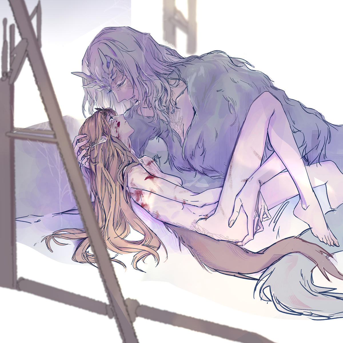 2girl, blood, brown fur, brown hair, clothed female nude female, company captain yorshka, crossbreed priscilla, dark souls, dark souls 3, dragon, dragon girl, female, fingering, fluffy tail, fromsoftware, furred dragon, horn, incest, large hands, lesbian, monster girl, mother and daughter, nude, pointy ears, scales, shroommob, size difference, white hair, yorshka, yuri