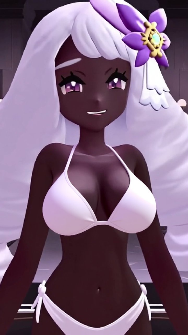 1girls, 3d, ai generated, arms at sides, artist name, bare arms, bare shoulders, big hair, bikini, black skin, breasts, cleavage, clothing, collarbone, colored skin, cowboy shot, dark skin, dark-skinned female, drill hair, female, flower, game freak, gem, grin, hair flower, hair ornament, half-closed eyes, happy, indoors, jacinthe (pokemon), large breasts, light blush, long hair, looking at viewer, navel, nintendo, open mouth, parted lips, poke ball symbol, pokemon, pokemon legends: z-a, pokemon za, purple eyes, purple flower, purple headwear, side-tie bikini bottom, sidelocks, smile, solo, standing, stomach, string bikini, swept bangs, swimsuit, teeth, twin drills, very dark skin, very long hair, water, white bikini, white hair, yukari (pokemon)