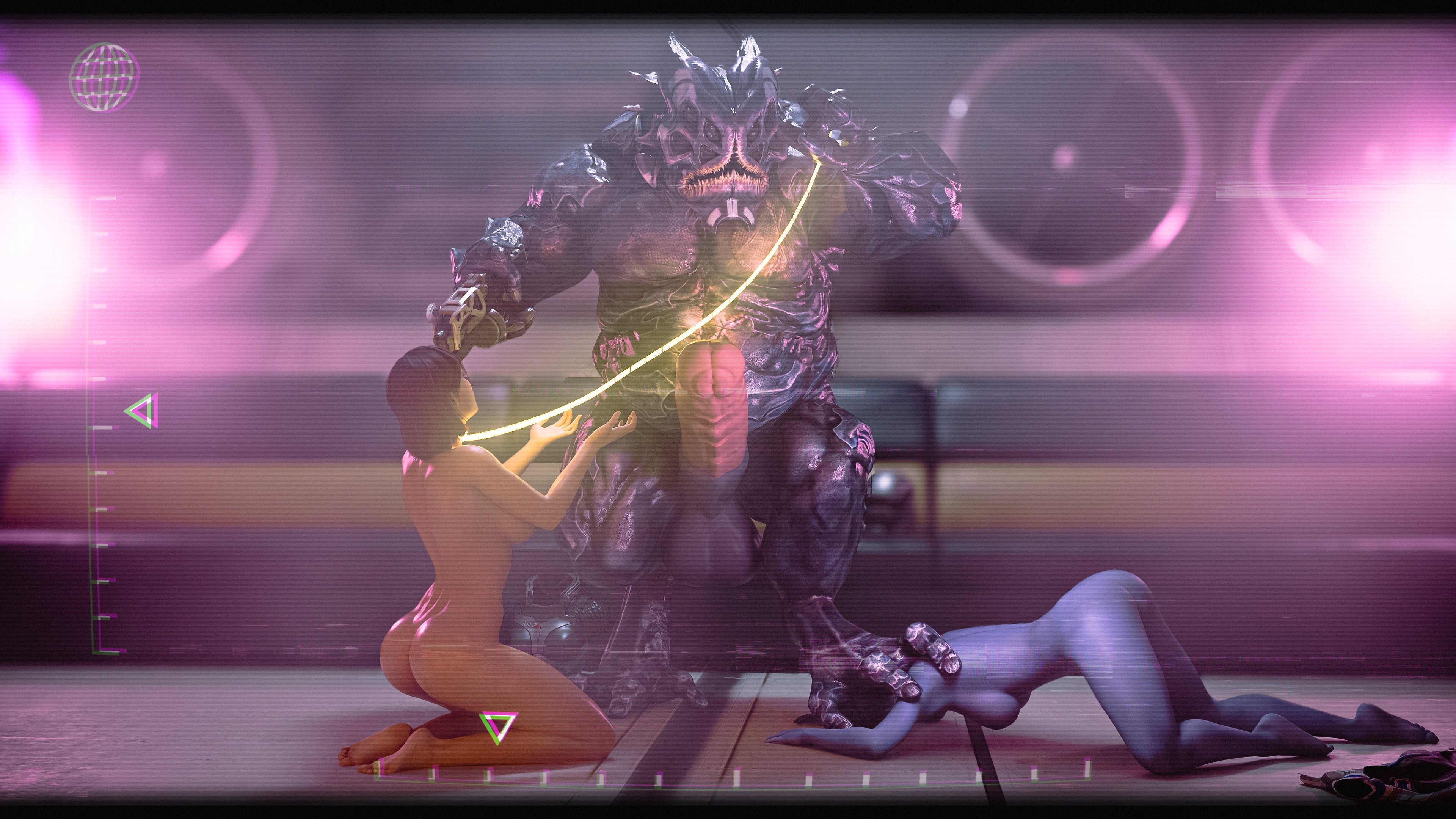 1boy, 2girls, 3d, alien, asari, ass, bad end, balls, big ass, big balls, bioware, blue skin, breasts, captured, captured heroine, collar, commander shepard, dommedominated, erection, female, femshep, femsub, huge cock, leash, liara t'soni, male, maledom, mass effect, monster, nipples, penis, red hair, shadow broker, stepped on, yahg