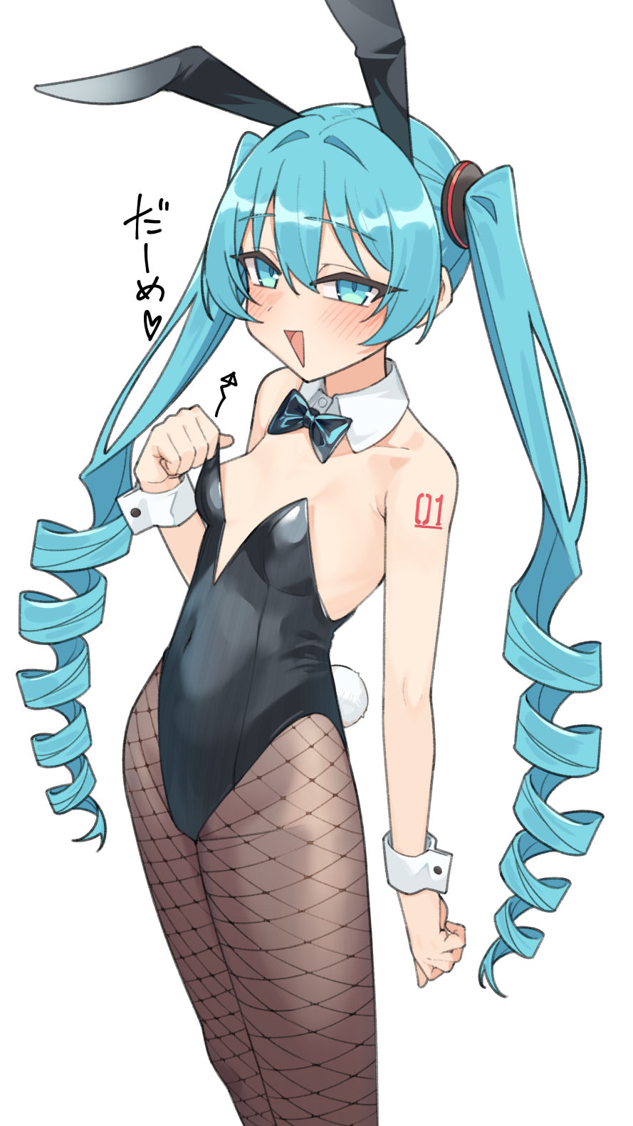 :d, 1girl, 1girls, animal ears, aqua eyes, aqua hair, bangs, bare shoulders, black bow, black bowtie, black leotard, blush, bow, bowtie, breasts, brown pantyhose, bunny ears, bunny tail, bunnysuit, covered navel, cowboy shot, detached collar, drill hair, fake animal ears, fake tail, female, female only, fishnet pantyhose, fishnets, fully clothed, gukr4322, hair between eyes, hatsune miku, leotard, long hair, looking at viewer, number tattoo, open mouth, pantyhose, playboy bunny, rabbit ears, rabbit tail, simple background, small breasts, smile, solo, strapless, strapless leotard, tail, tattoo, twintails, very long hair, vocaloid, white background, wrist cuffs