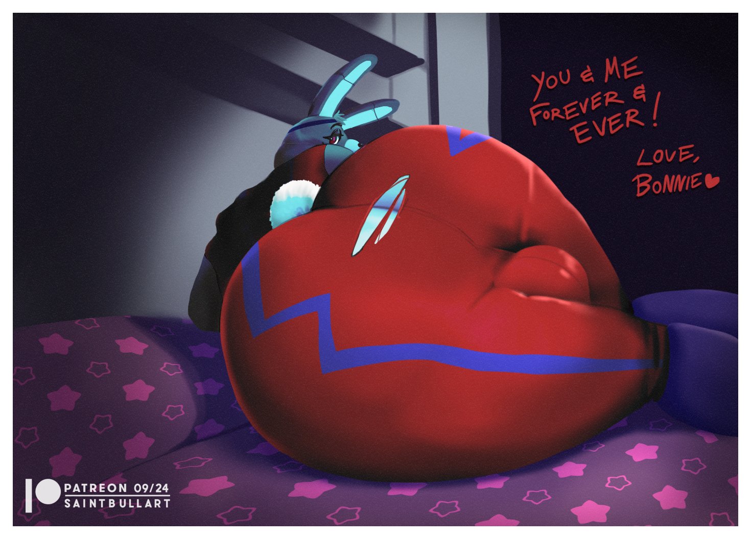 1boy, 1male, 2025, anthro, anthro focus, anthro only, anthro solo, balls, big ass, big butt, clothed, clothing, cotton tail, digital drawing (artwork), digital media (artwork), five nights at freddy's, five nights at freddy's: security breach, fluffy tail, glamrock bonnie (fnaf), huge ass, huge butt, lagomorph, lagomorph humanoid, leporid, leporid humanoid, looking at viewer, male, male anthro, male focus, male only, photo, photo (object), presenting, presenting ass, rabbit, rabbit humanoid, ripped clothing, ripped pants, saintbullart, scottgames, short tail, solo, solo anthro, solo focus, solo in panel, solo male, steel wool studios, testicles, text, tight clothing