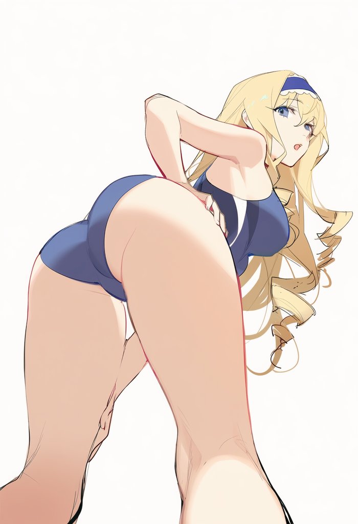 1girls, ass, big ass, big breasts, blonde hair, blue eyes, blue hairband, blue one-piece swimsuit, breasts, busty, cecilia alcott, commentary request, competition swimsuit, drill hair, female, female only, from behind, hairband, hand on hip, infinite stratos, kisaragi shokuin, large breasts, long hair, looking back, one-piece swimsuit, pose, posing, sensual, sexy, sexy pose, solo, swimsuit, voluptuous