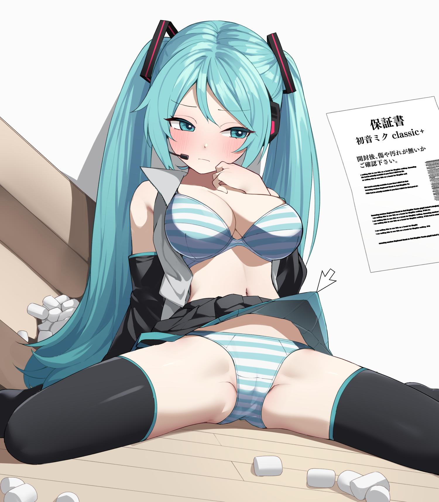1girl, 1girls, aqua eyes, aqua hair, bare shoulders, black skirt, black thighhighs, blue eyes, blue hair, blush, bra, breasts, cameltoe, cleavage, closed mouth, clothes lift, detached sleeves, embarrassed, female, female focus, female only, floor, hair ornament, hatsune miku, headset, long hair, looking away, medium breasts, menbou (menbow3v), navel, on, open clothes, open shirt, panties, pleated skirt, pussy, pussy visible through clothes, shirt, sitting, skirt, skirt lift, sleeveless, sleeveless shirt, solo, spread legs, striped, striped bra, striped panties, thigh boots, thighhighs, translation request, twintails, underwear, very long hair, vocaloid