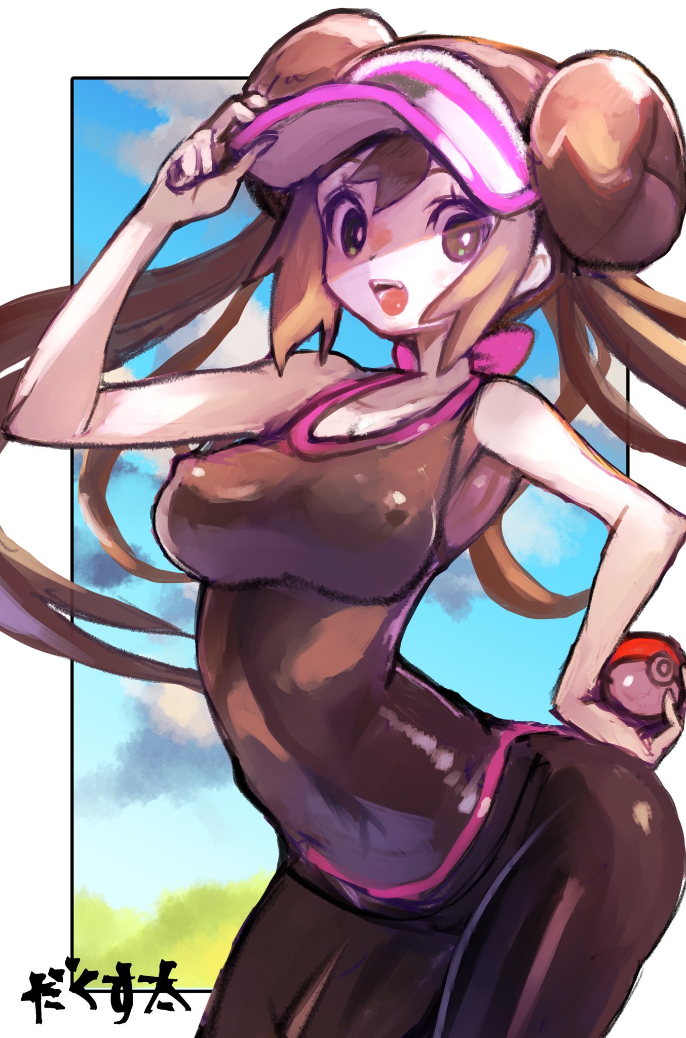 1girls, 2024 pokemon teraleak, bare shoulders, black eyes, black pantyhose, black tank top, border, breasts, brown hair, covered erect nipples, dakusuta, donut hair bun, double bun, female, female only, hair bun, hat, highres, holding, large breasts, long hair, nintendo, nipple bulge, pantyhose, pokemon, pokemon bw2, rosa (pokemon), solo, tank top, very long hair, visor cap, white border, white hat