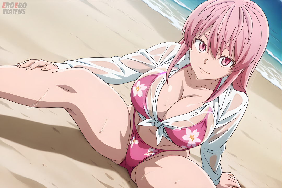 ai generated, bare thighs, beach, bikini, breasts, byoubugaura homare, eroero waifus, female, gigantic breasts, huge breasts, huge thighs, light skin, light-skinned female, long hair, looking at viewer, massive breasts, pink eyes, pink hair, smiling, solo female, squatting, sweat, sweatdrop, thick body, thick female, thick thighs, thighhighs, thighs, tougen anki, voluptuous, voluptuous female