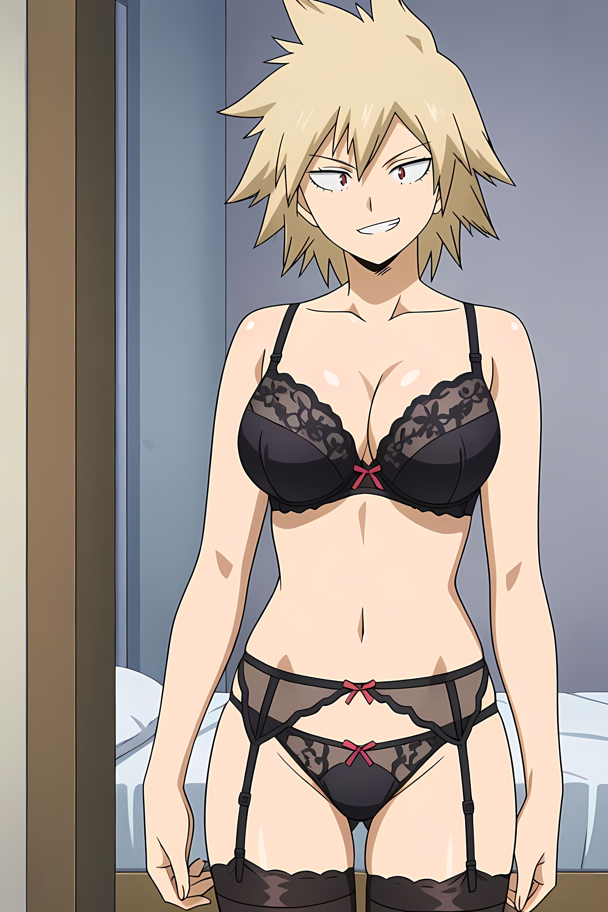 ai generated, bedroom, bra, female, female focus, female only, lingerie, mitsuki bakugou, my hero academia, panties, pinku.ai, smirking