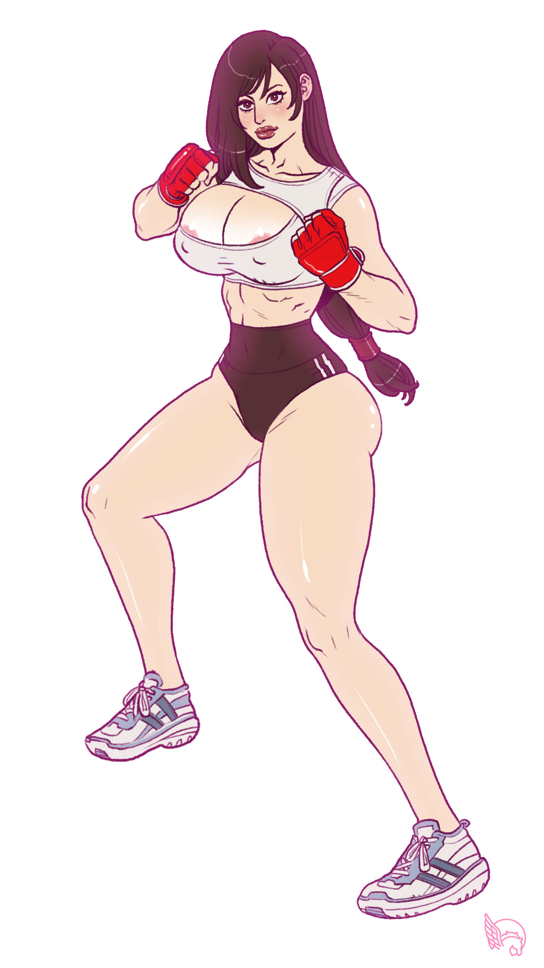 1girls, abs, areola slip, asian, asian female, big breasts, bimbo, bimboctober, bimbofied, black hair, breasts, brown eyes, converse, exercise, exercise clothing, female, female focus, female only, fighting stance, final fantasy, final fantasy vii, fit, fit female, gloves, gym clothes, lipstick, looking at viewer, pegasus (artist), pinup, ponytail, sneakers, solo, solo female, solo focus, tifa lockhart, tifa lockhart (1997)