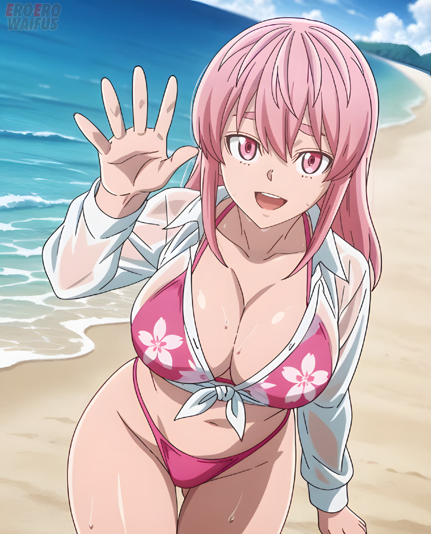 ai generated, bare thighs, beach, bikini, breasts, byoubugaura homare, eroero waifus, female, gigantic breasts, huge breasts, huge thighs, light skin, light-skinned female, long hair, looking at viewer, massive breasts, pink eyes, pink hair, smiling, solo female, squatting, sweat, sweatdrop, thick body, thick female, thick thighs, thighs, tougen anki, voluptuous, voluptuous female