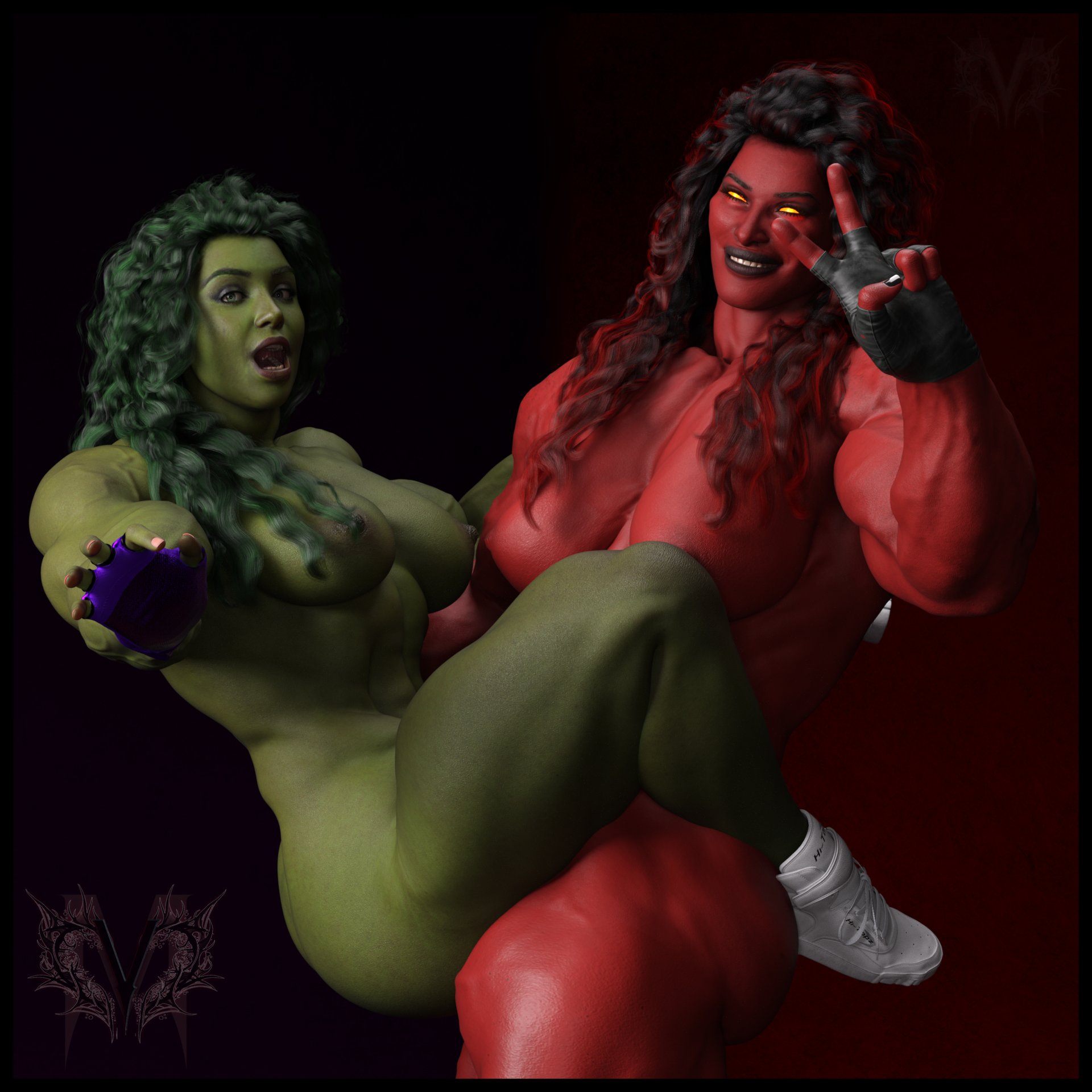 2girls, 3d, big breasts, black hair, breasts, female, futanari, green hair, green skin, implied futa, implied penetration, intersex, marvel, marvel comics, muscular, muscular female, nipples, nude, red hair, red she-hulk, red skin, she-hulk, two-tone hair, valentine mafia3d, yellow eyes, yuri