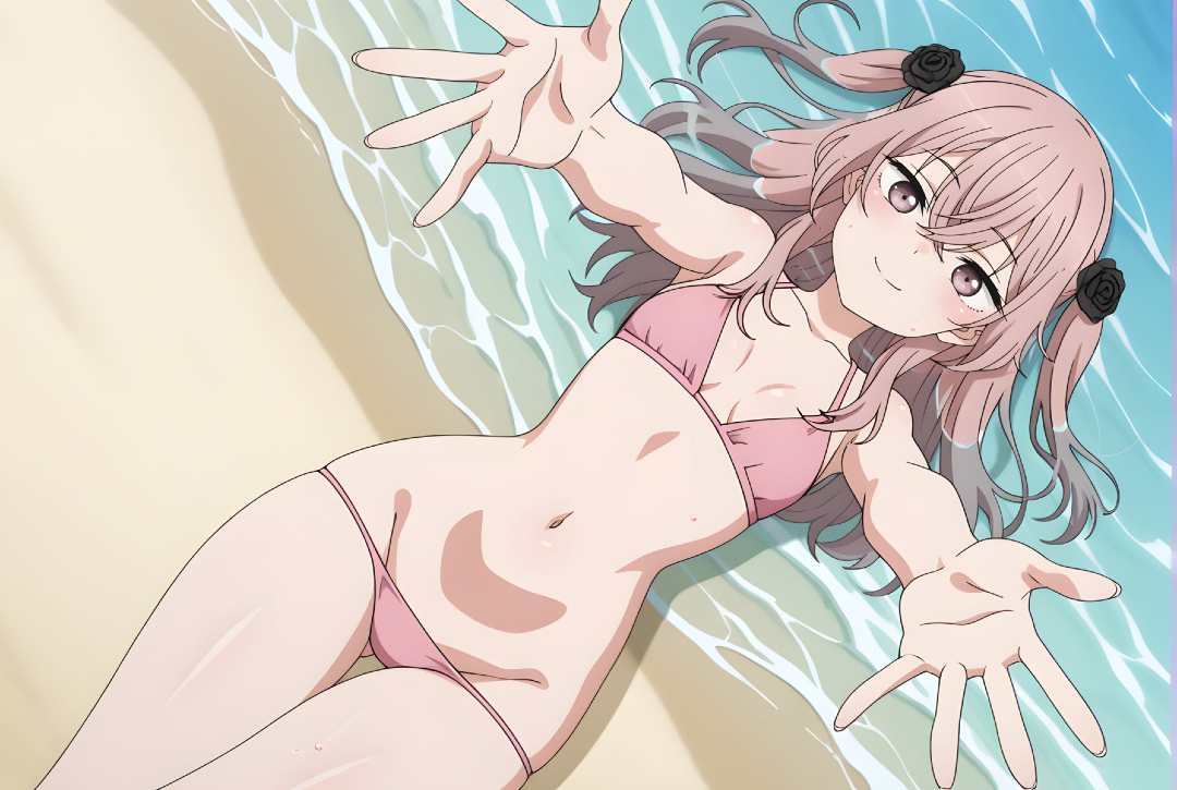 ai generated, bare thighs, beach, bikini, breasts, eroero waifus, female, inui sajuna, light skin, light-skinned female, long hair, looking at viewer, pink eyes, pink hair, small breasts, smiling, solo female, sono bisque doll wa koi wo suru, squatting, sweat, sweatdrop, thighs, twintails, voluptuous, voluptuous female