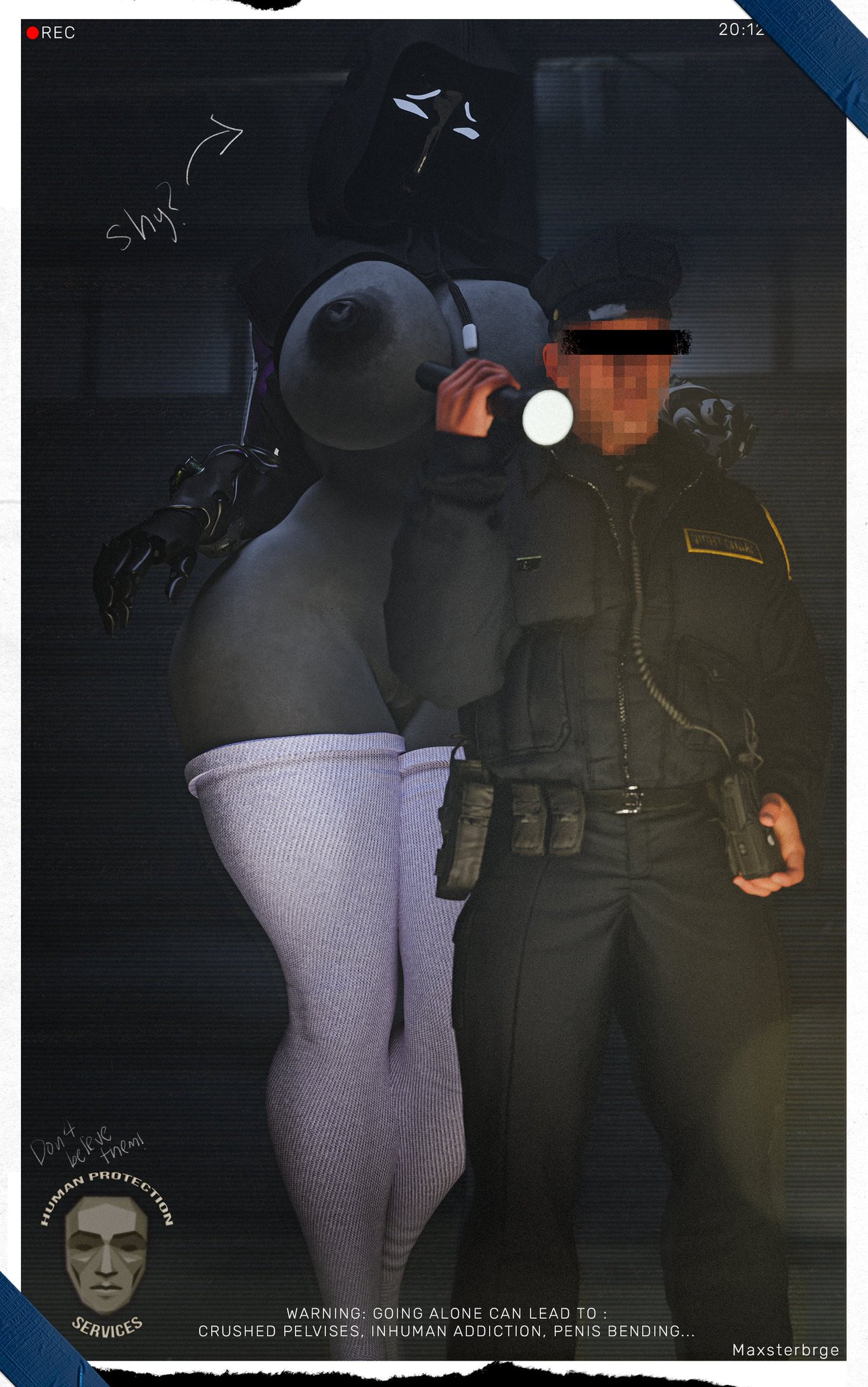 1boy, 1girls, 3d, 3d (artwork), 3d model, android, android girl, big breasts, blender, breasts, censor bar, censored eyes, censored identity, curvy, curvy female, curvy figure, dark (theme), female, flashlight, grey body, grey nipples, hoodie, horror, horror (theme), humanoid, larger female, male, maxsterbrge, monster, monster girl, muscular, muscular female, night, no bra, no panties, original, original character, pixelated, robot, robot girl, robot girl (maxsterbrge), robot humanoid, robotic arm, screen face, shy, size difference, socks, taller female, thighhighs