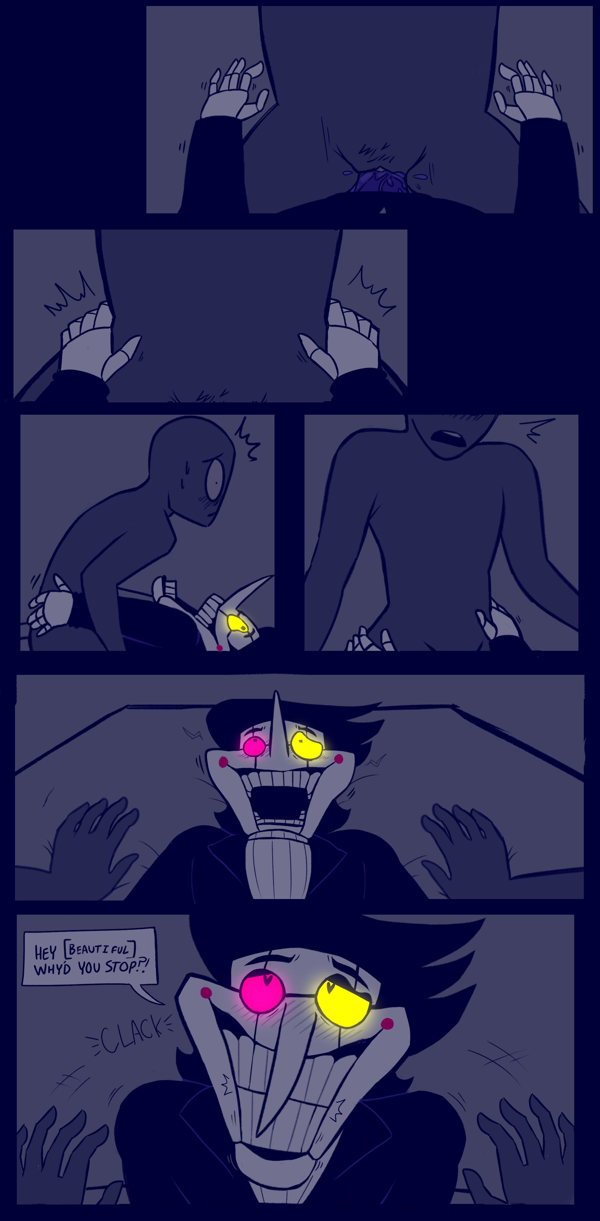 anonymous female, artist request, comic, comic page, deltarune, deltarune chapter 2, english dialogue, english text, female, garter straps, hands on hips, inanimate, larger female, male, malesub, penis, puppet, pussy, riding, riding dildo, riding penis, self insert, smaller male, source request, spamton g spamton, startled, strap-on, strapon, vaginal penetration, vvondermoon, y/n