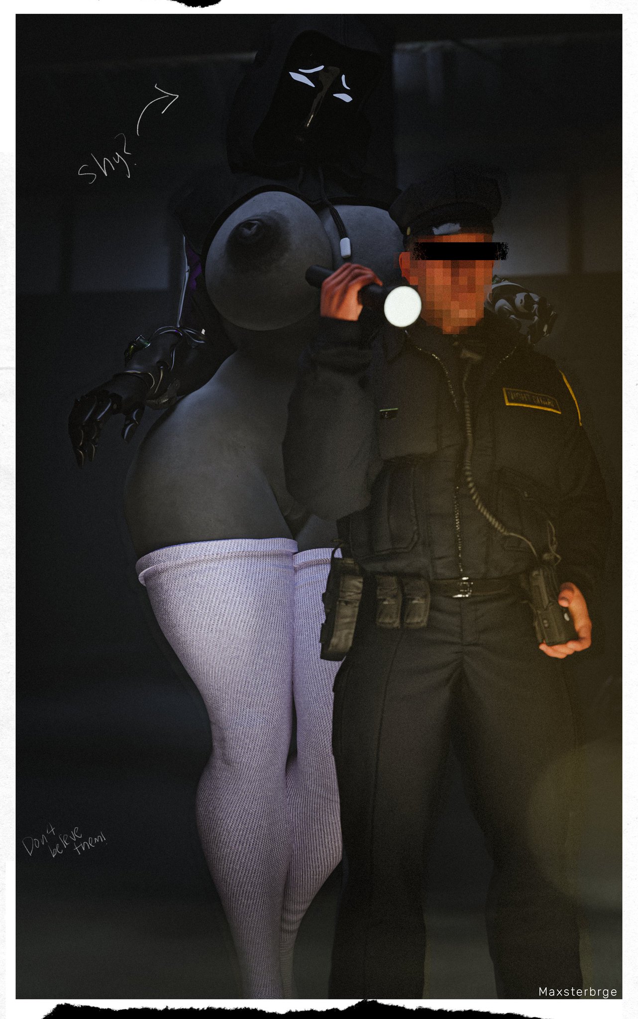 1boy, 1girls, 3d, 3d (artwork), 3d model, android, android girl, big breasts, blender, breasts, censor bar, censored eyes, censored identity, curvy, curvy female, curvy figure, dark (theme), female, flashlight, grey body, grey nipples, hoodie, horror, horror (theme), humanoid, larger female, male, maxsterbrge, monster, monster girl, muscular, muscular female, night, no bra, no panties, original, original character, pixelated, robot, robot girl, robot girl (maxsterbrge), robot humanoid, robotic arm, screen face, shy, size difference, socks, taller female, thighhighs