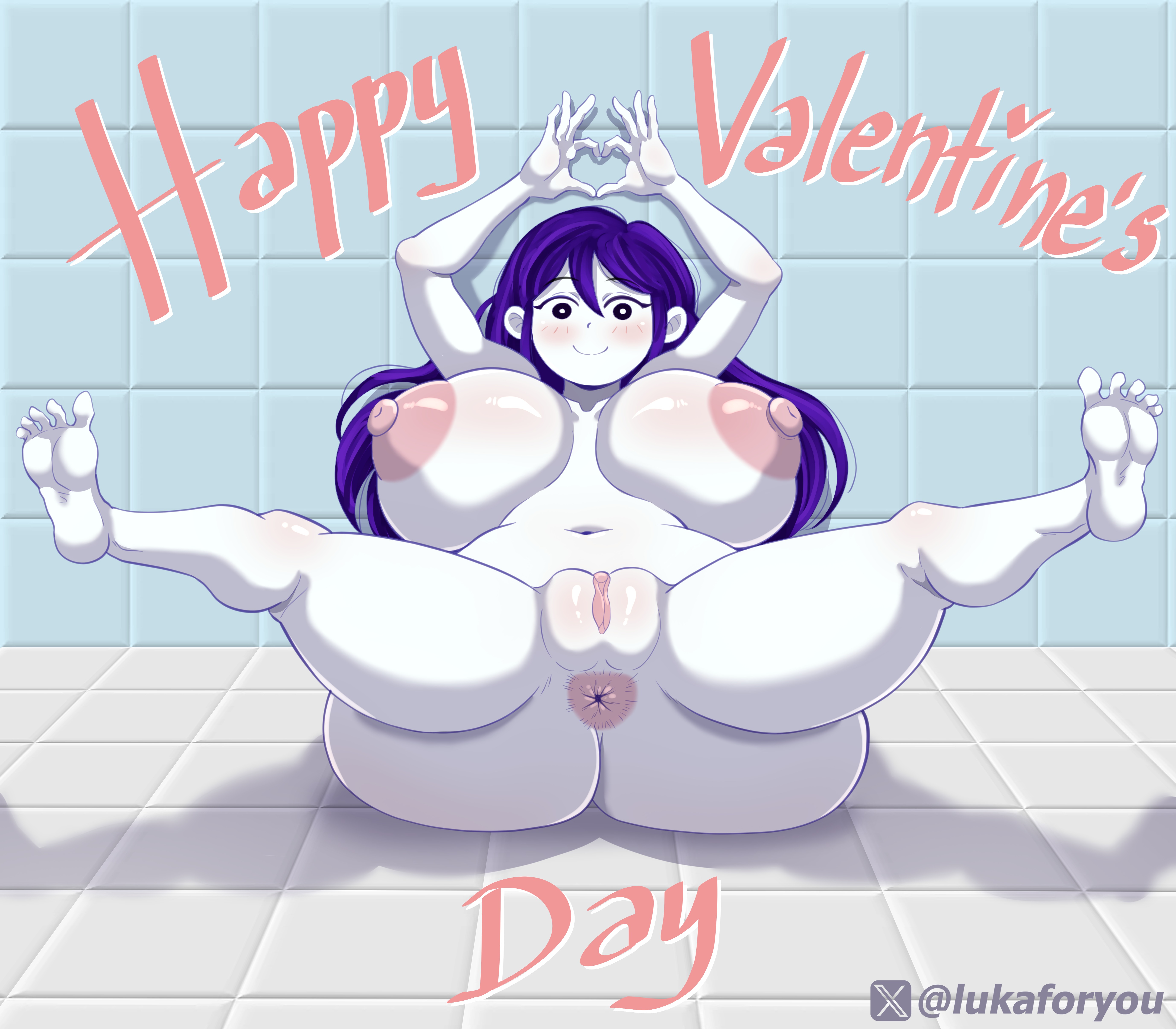 1girls, anus, areolae, ass, barefoot, blush, blush lines, breasts, commission, commissioner upload, completely nude, completely nude female, female, female only, full body, heart, heart hands, huge ass, huge breasts, long hair, looking at viewer, lukaforyou, mari (omori), mob face, naked, naked female, nipples, nude, nude female, omori, purple hair, pussy, shower, sitting, sketch, smile, solo, solo female, valentine's day, voluptuous, voluptuous female, white body