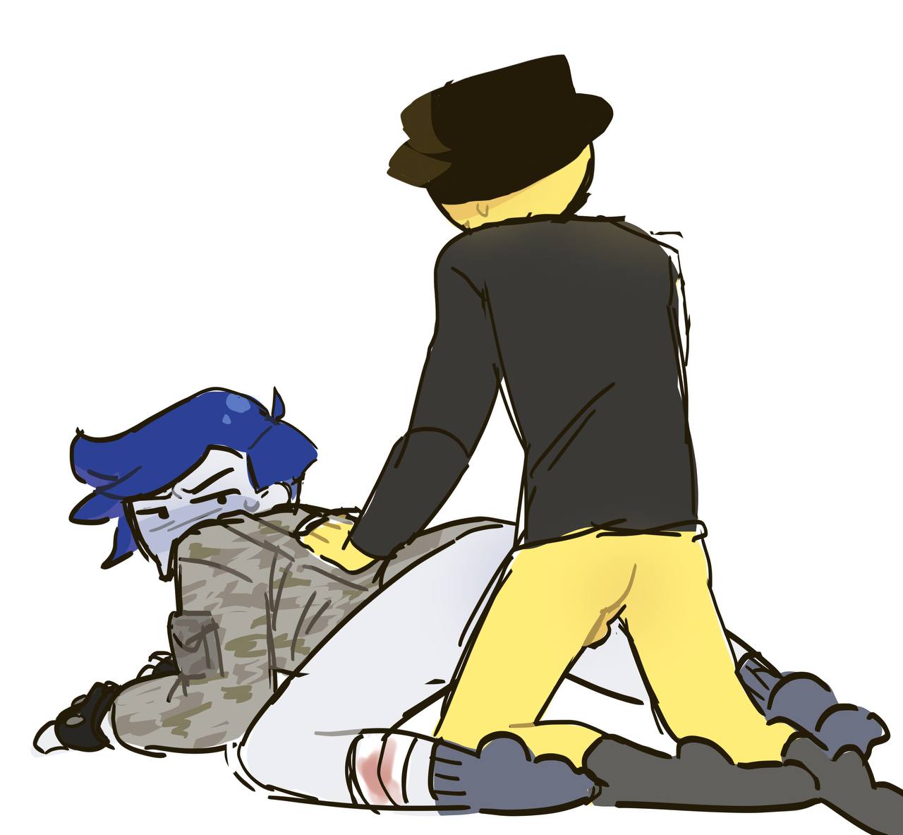 2025, 2boys, 2d (artwork), 2d artwork, army uniform, bald, balls, balls visible through thighs, bandaged leg, black sweater, blood on bandage, blue hair, blush, blush lines, camouflage jacket, colored, digital, digital art, digital artwork (media), digital drawing, digital drawing (artwork), digital media, digital media (artwork), digital painting, digital painting (artwork), doggy style, fedora, fingerless gloves, forsaken (roblox), from behind angle, from behind position, gdz, glaring, glaring at partner, glistening hair, guest 1337, guest 1337 (forsaken), guest 1337 (the last guest), half-dressed male, half-dressed/half-dressed, hand on partner's back, implied gay, implied penetration, implied sex, implied yaoi, kneeling, light blue skin, looking at partner, looking back, looking from behind, mafioso (forsaken), male, male only, male/male, messy hair, narrowed eyebrows, no background, roblox, roblox game, robloxian, socks on, sweat drops, sweatdrops, sweating, the last guest, video game, video game character, video games, yellow skin