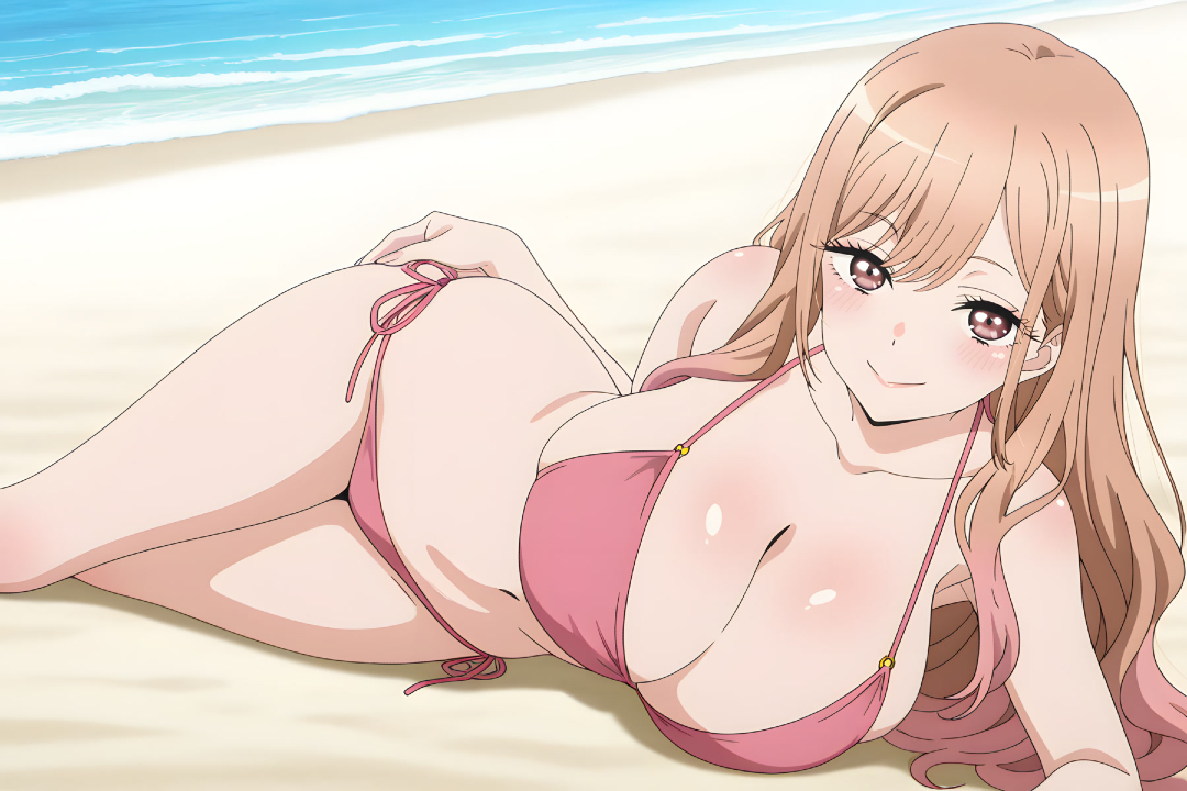 ai generated, bare thighs, beach, bikini, blonde hair, breasts, eroero waifus, female, gigantic breasts, gyaru, huge breasts, huge thighs, kitagawa marin, light skin, light-skinned female, long hair, looking at viewer, massive breasts, multicolored hair, pink eyes, smiling, solo female, sono bisque doll wa koi wo suru, squatting, sweat, sweatdrop, thick body, thick female, thick thighs, thighs, voluptuous, voluptuous female