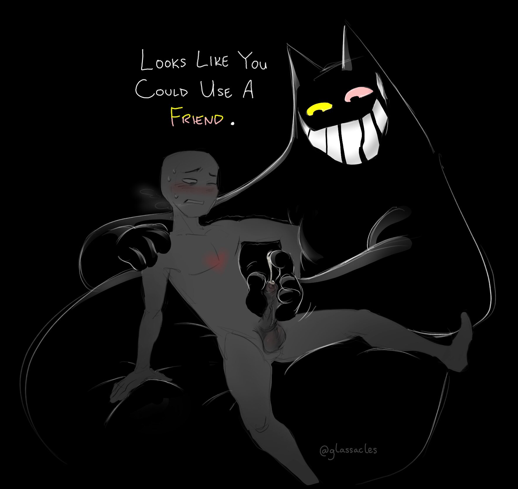2025, ambiguous gender, anon, black body, darkner, deltarune, friend (deltarune), glassacles, grey body, handjob, heterochromia, huge body, jerking, jerkingoff, male, male only, male/ambiguous, shadow creature, undertale (series)