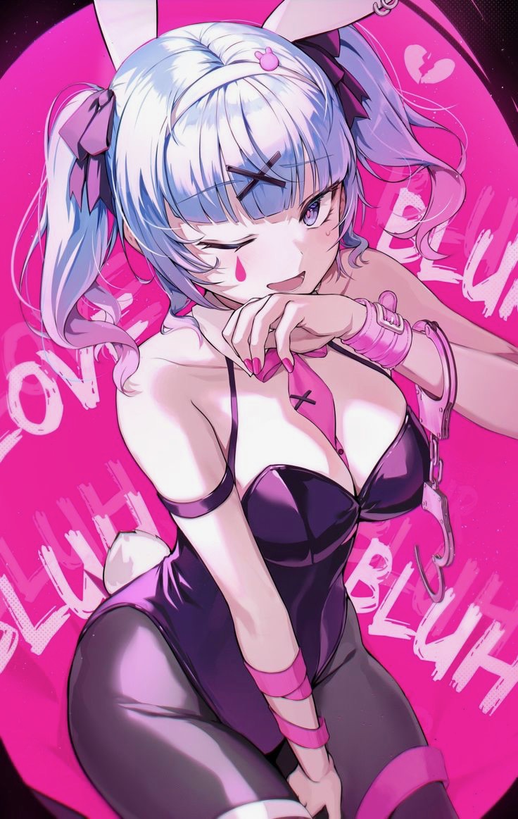 1girl, animal ears, bangs, bare shoulders, big breasts, black leotard, blue eyes, blue hair, breasts, bunny ears, bunny girl, bunny tail, bunnysuit, cleavage, cuffs, fake animal ears, female, hair ornament, hair ribbon, hatsune miku, heart, huge thighs, leotard, looking at viewer, medium breasts, nail polish, necktie, one eye closed, open mouth, pantyhose, pink, pink background, pink eyes, pink hair, pink nails, pink necktie, playboy bunny, purple eyes, rabbit, rabbit ears, rabbit hole (vocaloid), rabbit tail, ribbon, sitting, smile, solo, tail, text, thighs, twintails, vocaloid, wrist cuffs, x hair ornament