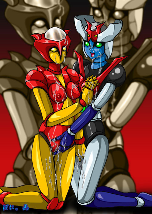 2girls aphrodite_a blank_eyes breasts bukkake cum cum_on_body cum_on_breasts cum_on_upper_body curvaceous duo facial female green_sclera humanoid kneeling large_breasts mazinger mazinger_z mecha minerva_x multiple_girls nipples poni. robot_girl yellow_sclera yuri