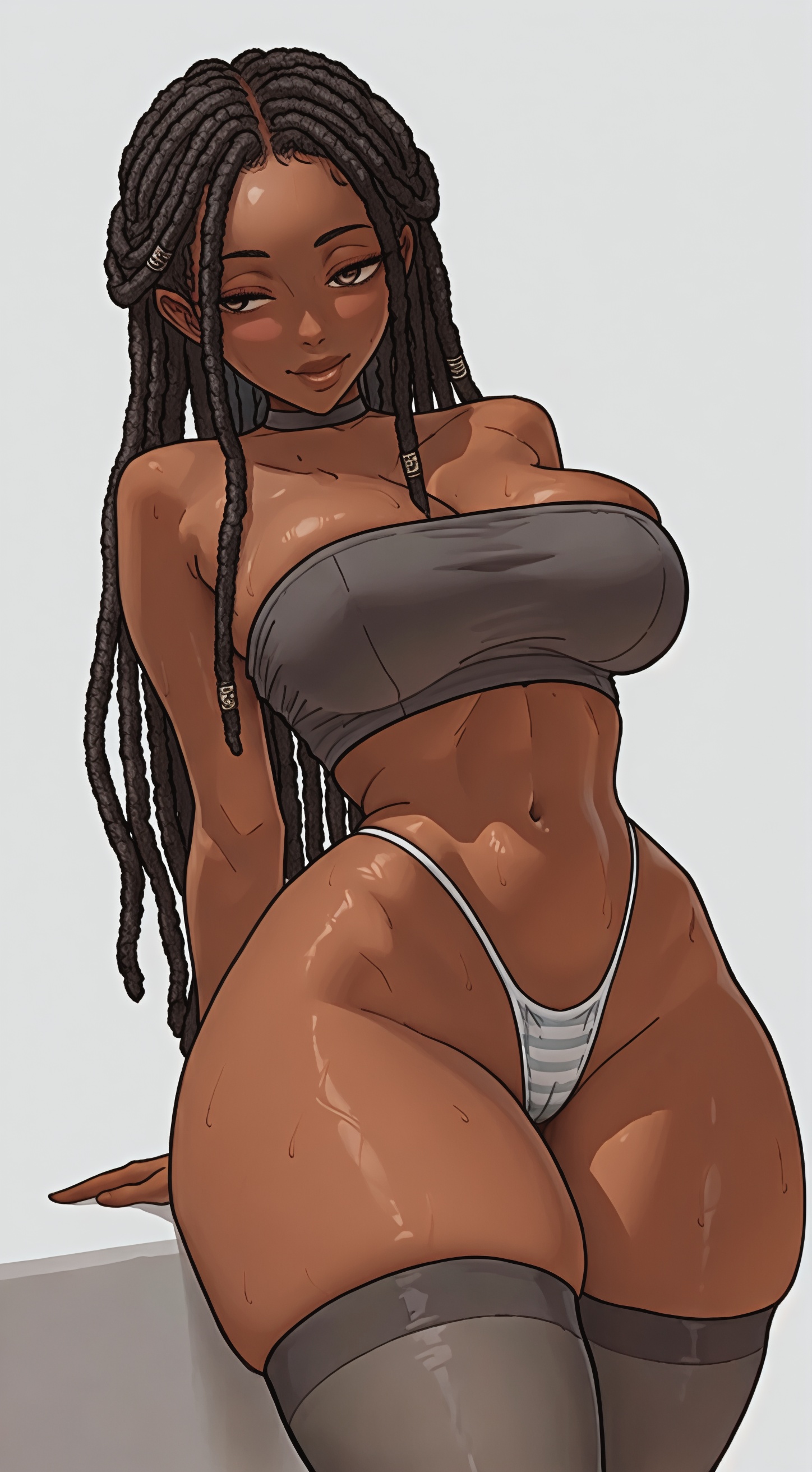 1girls, african female, ai generated, big breasts, black hair, black woman, breasts, brown eyes, cleavage, dark skin, dark-skinned female, dreadlocks, female, female only, long hair, mrtecta, original, original character, panties, shirt and panties, solo, solo female, thick, thick lips, thick thighs, thigh highs, thighs, tubetop, underwear, whale tail