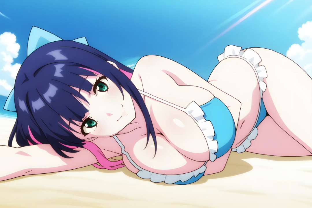 ai generated, bare thighs, beach, bikini, blue hair, breasts, cyan eyes, eroero waifus, female, gigantic breasts, huge breasts, huge thighs, light skin, light-skinned female, long hair, looking at viewer, massive breasts, multicolored hair, panty & stocking with garterbelt, smiling, solo female, squatting, stocking anarchy, sweat, sweatdrop, thick body, thick female, thick thighs, thighs, voluptuous, voluptuous female