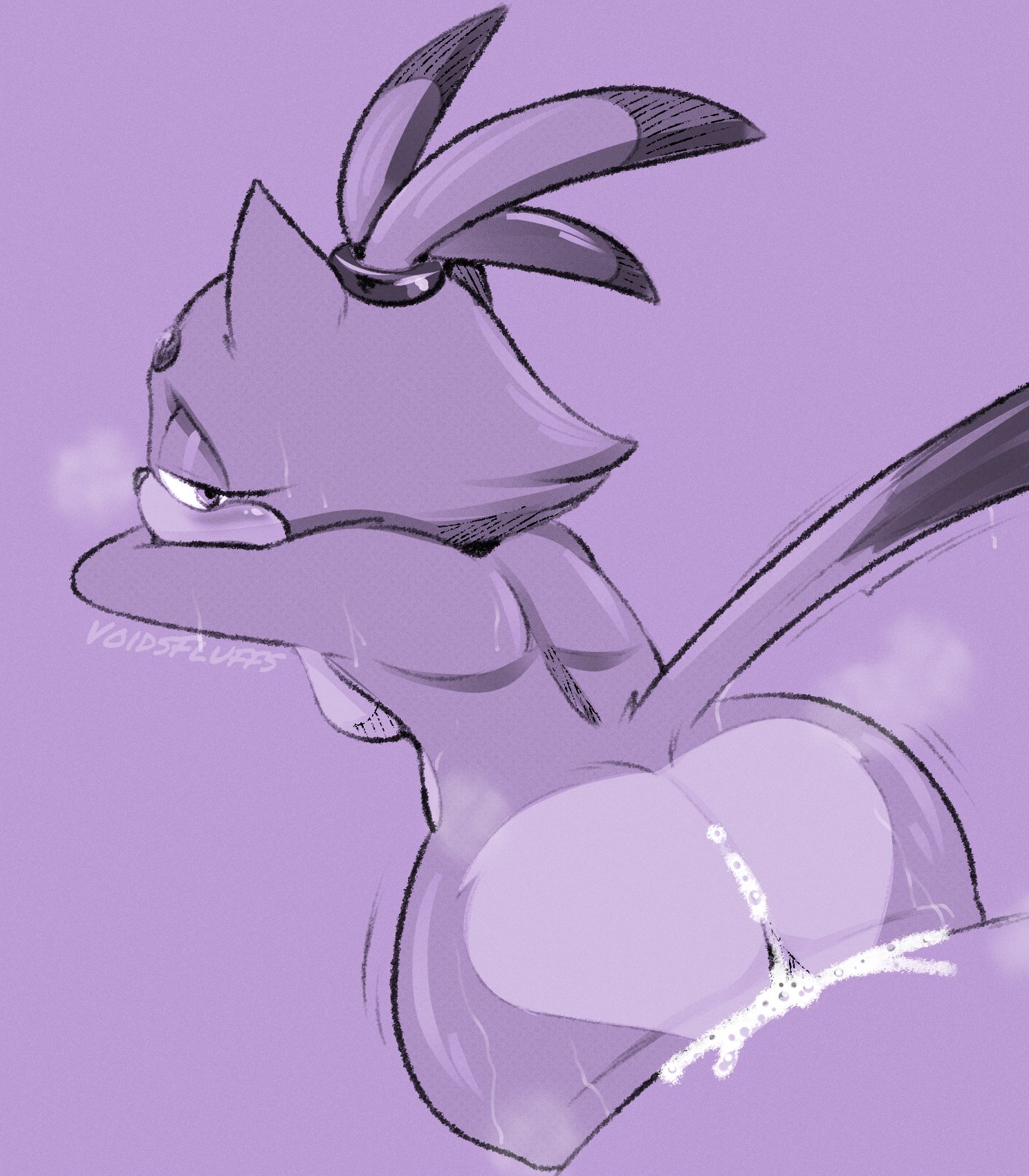 1boy, 1girls, anthro, ass, blaze the cat, blush, cum, cum inside, female, looking back, male, monochrome, nude, prone bone, sega, sonic (series), tail, voidsdroids, voidsfluffs