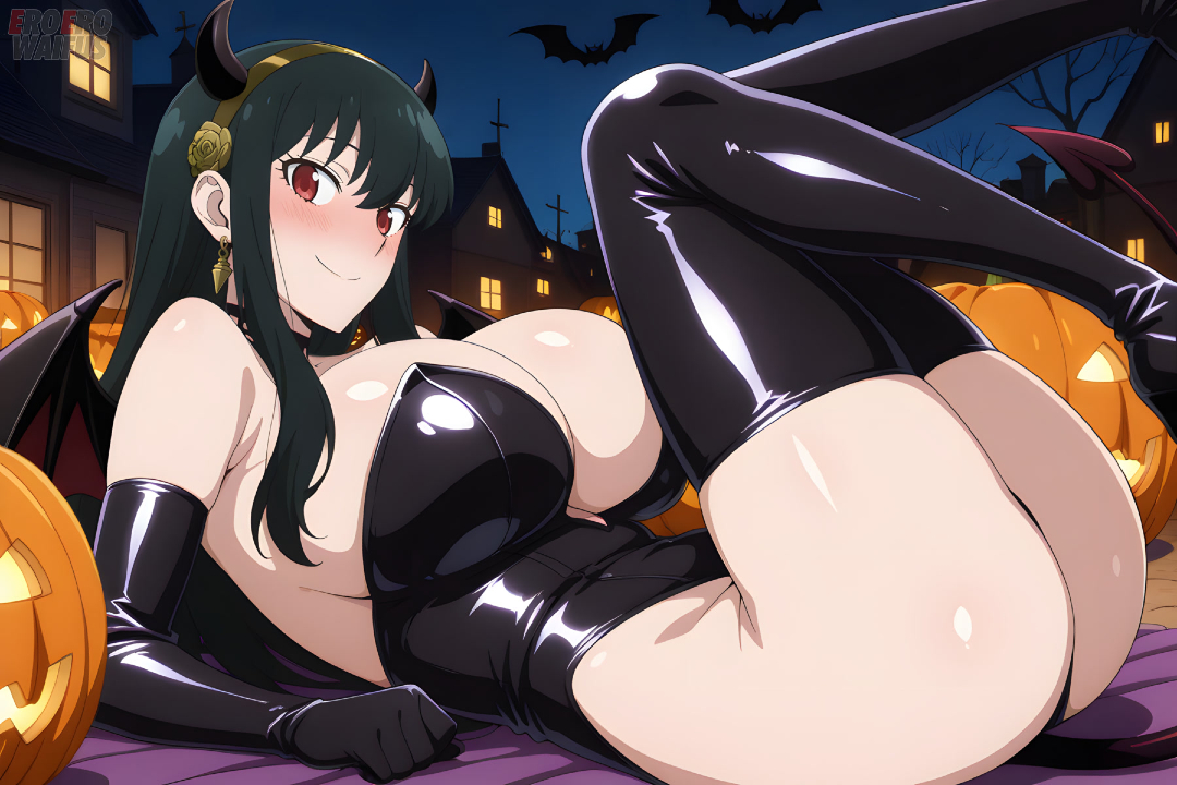 ai generated, bare thighs, black hair, breasts, eroero waifus, female, gigantic breasts, hair bun, halloween, huge breasts, huge thighs, light skin, light-skinned female, looking at viewer, massive breasts, mature female, milf, red eyes, smiling, solo female, spy x family, squatting, stockings, succubus, succubus horns, succubus wings, sweat, sweatdrop, thick body, thick female, thick thighs, thighs, voluptuous, voluptuous female, yor briar, yor forger