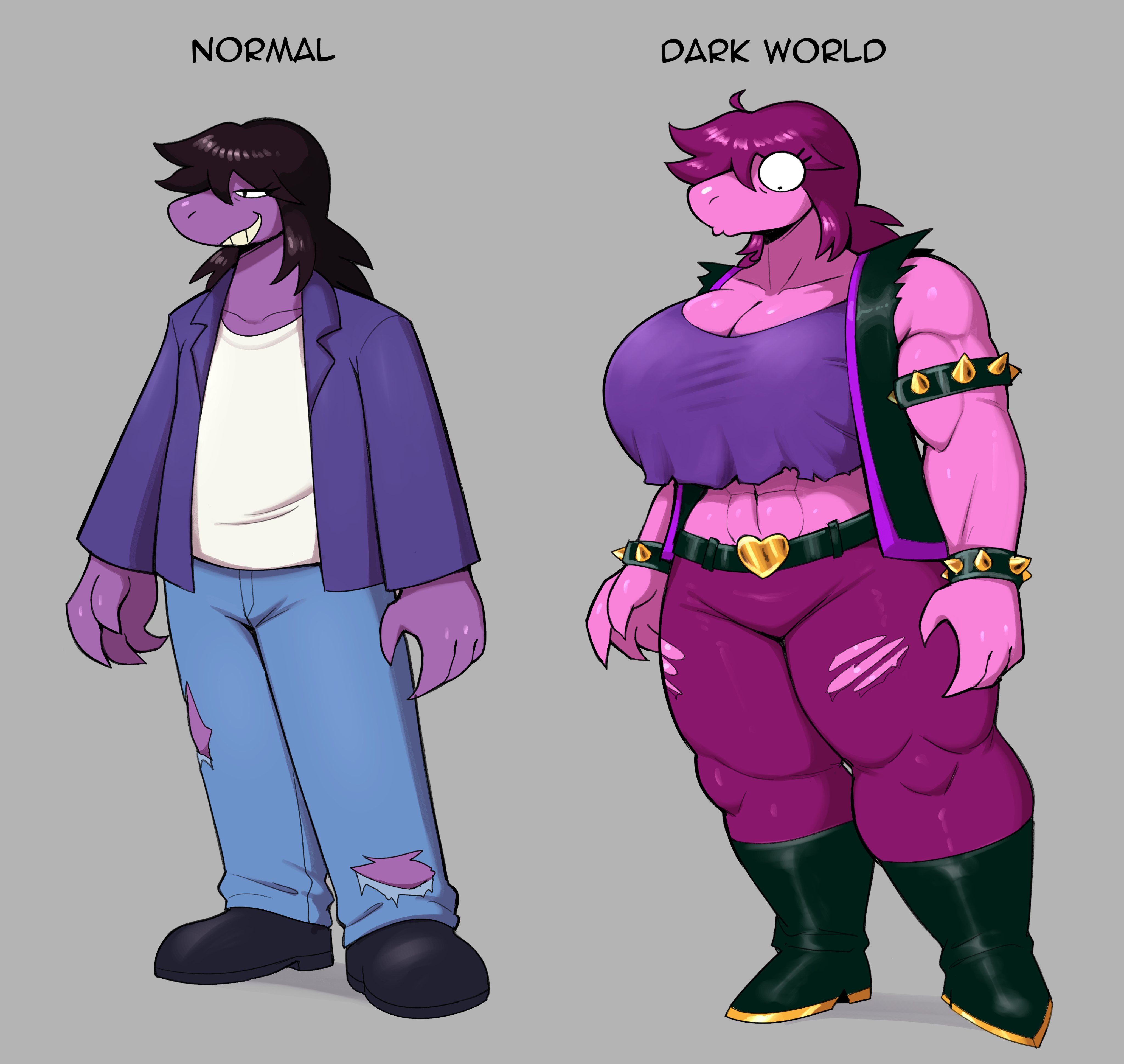 abs, alternate body type, alternate breast size, big breasts, breast expansion, breast growth (enlargement), breasts, clothed, clothing, deltarune, expansion, female, female abs, fimif, flat chest, fully clothed, muscular, muscular female, susie (deltarune), thick thighs, torn clothes, transformation, undertale (series)
