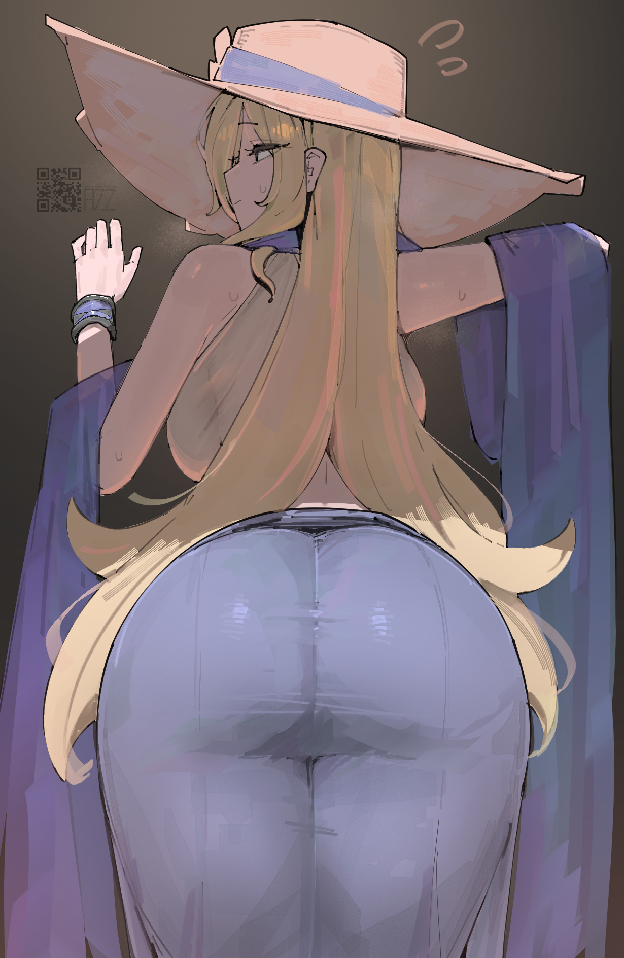 1girls, ass, azz0422, blonde hair, blue sarong, breasts, curvy, cynthia (pokemon), cynthia (summer 2025) (pokemon masters), female, female only, from behind, game freak, grey background, grey eyes, hat, highres, large breasts, long hair, looking to the side, nintendo, official alternate costume, pokemon, pokemon masters, pokemon masters ex, qr code, sarong, solo, sun hat, sweat, very long hair