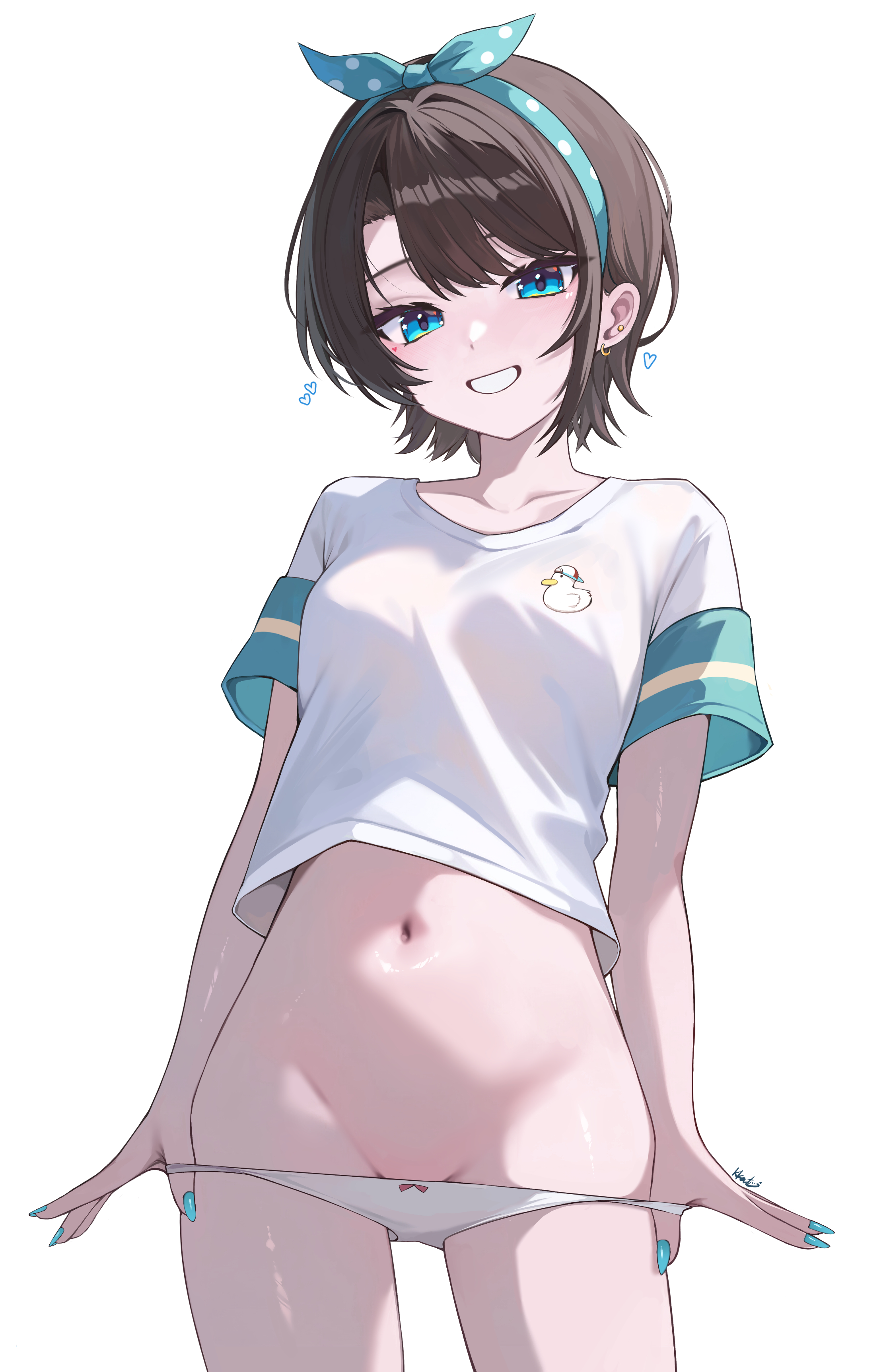 1girls, blue eyes, brown hair, female, hololive, hololive gen 2, hololive japan, kkato, light skin, oozora subaru, panties, pulling panties, smile, undressing, virtual youtuber