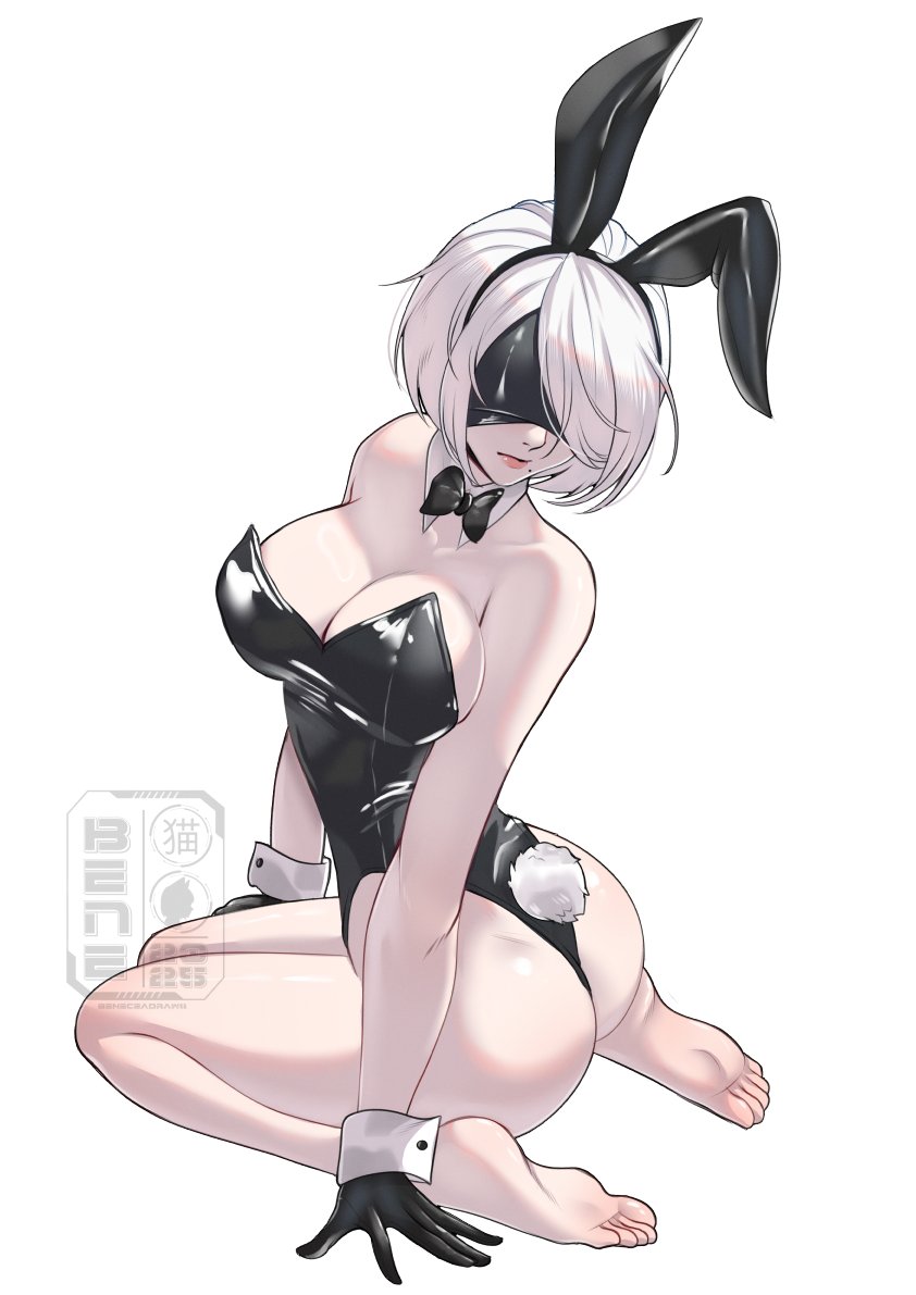 animal ears, ass, bare legs, bare shoulders, barefoot, beneceadraws, black blindfold, black bow, black bowtie, black gloves, black leotard, blindfold, bob cut, bow, bowtie, breasts, covered eyes, curvy, detached collar, fake tail, feet, female, female only, full body, gloves, hair over one eye, highleg, highleg leotard, large breasts, legs, leotard, looking back, mole, mole under mouth, nier (series), nier: automata, rabbit ears, rabbit tail, shiny skin, short hair, simple background, sitting, soles, solo, strapless, strapless leotard, swept bangs, tail, thong leotard, toes, wariza, watermark, white background, white hair, wide hips, wrist cuffs, yorha 2b