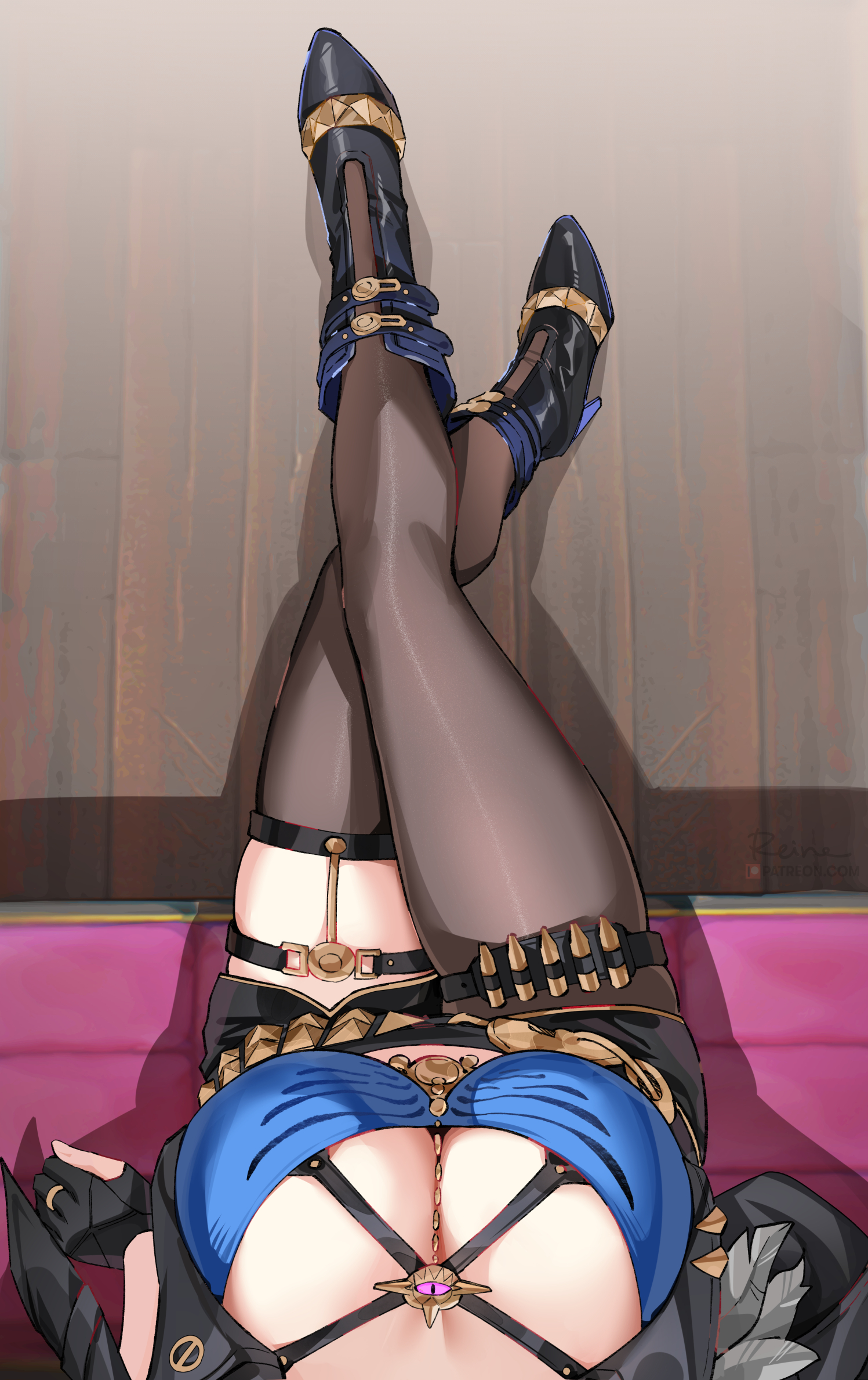 1girls, asymmetrical legwear, big breasts, black boots, black gloves, black jacket, black pantyhose, black shorts, black thighhighs, blue bra, boots, bra, breasts, cleavage, crossed legs, female, female pov, foxyreine, from above, galbrena (wuthering waves), gloves, high heels, jacket, pantyhose, partially fingerless gloves, pov, pov breasts, pov legs, shadow, shorts, signature, single leg pantyhose, single thighhigh, sitting, skindentation, solo, thigh strap, thighhighs, thighs, underwear, wooden floor, wuthering waves